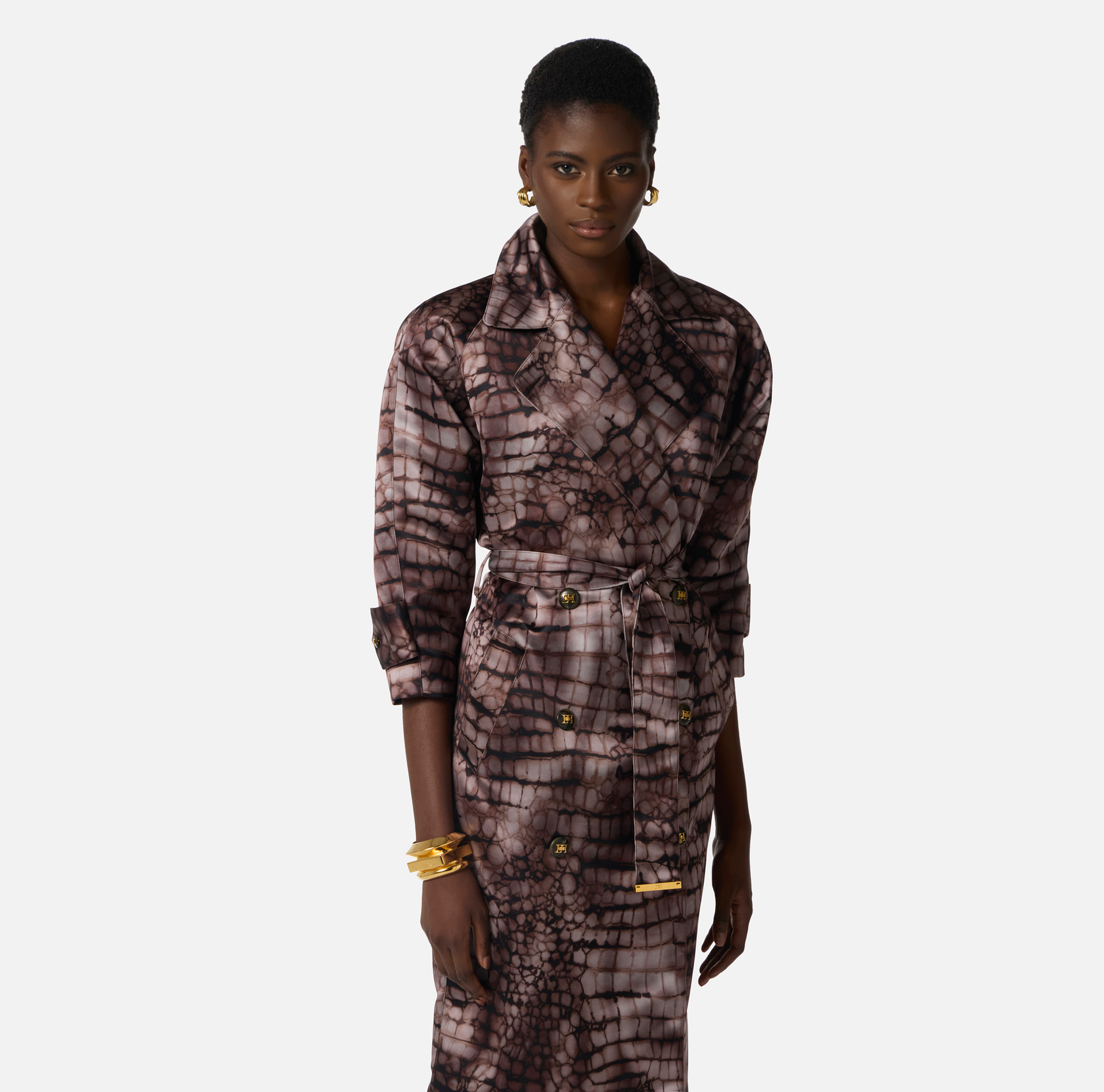 Trench coat in duchess satin fabric with alligator print - Elisabetta Franchi