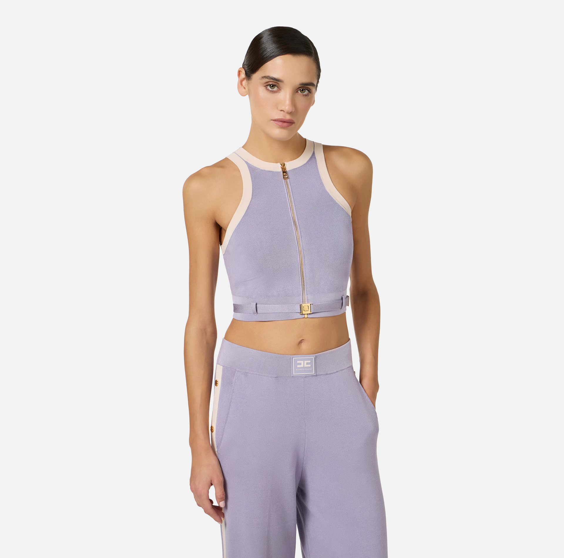 Knit fabric top with shiny viscose bands - Elisabetta Franchi