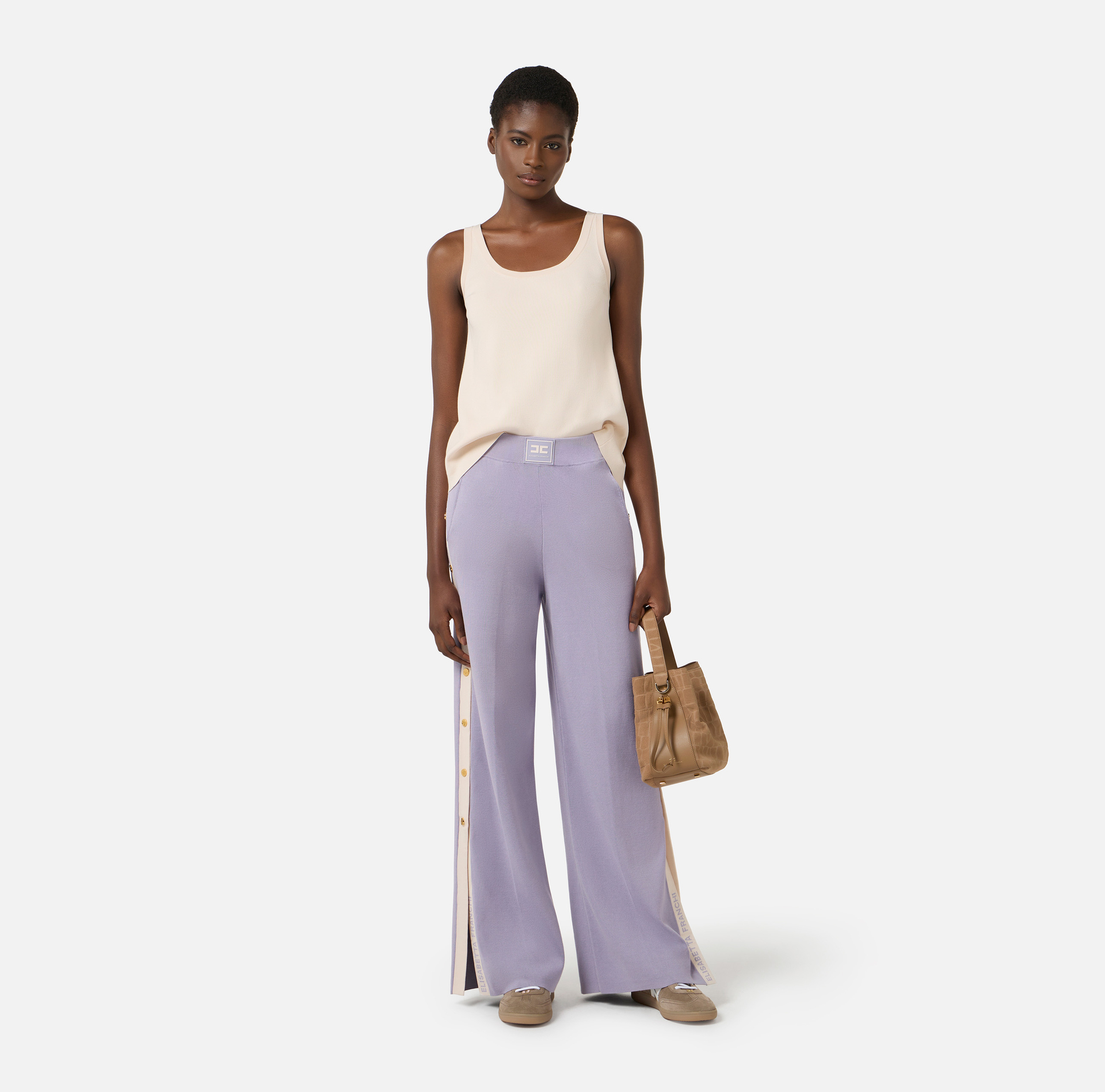 Knit fabric top with shiny viscose bands - Elisabetta Franchi