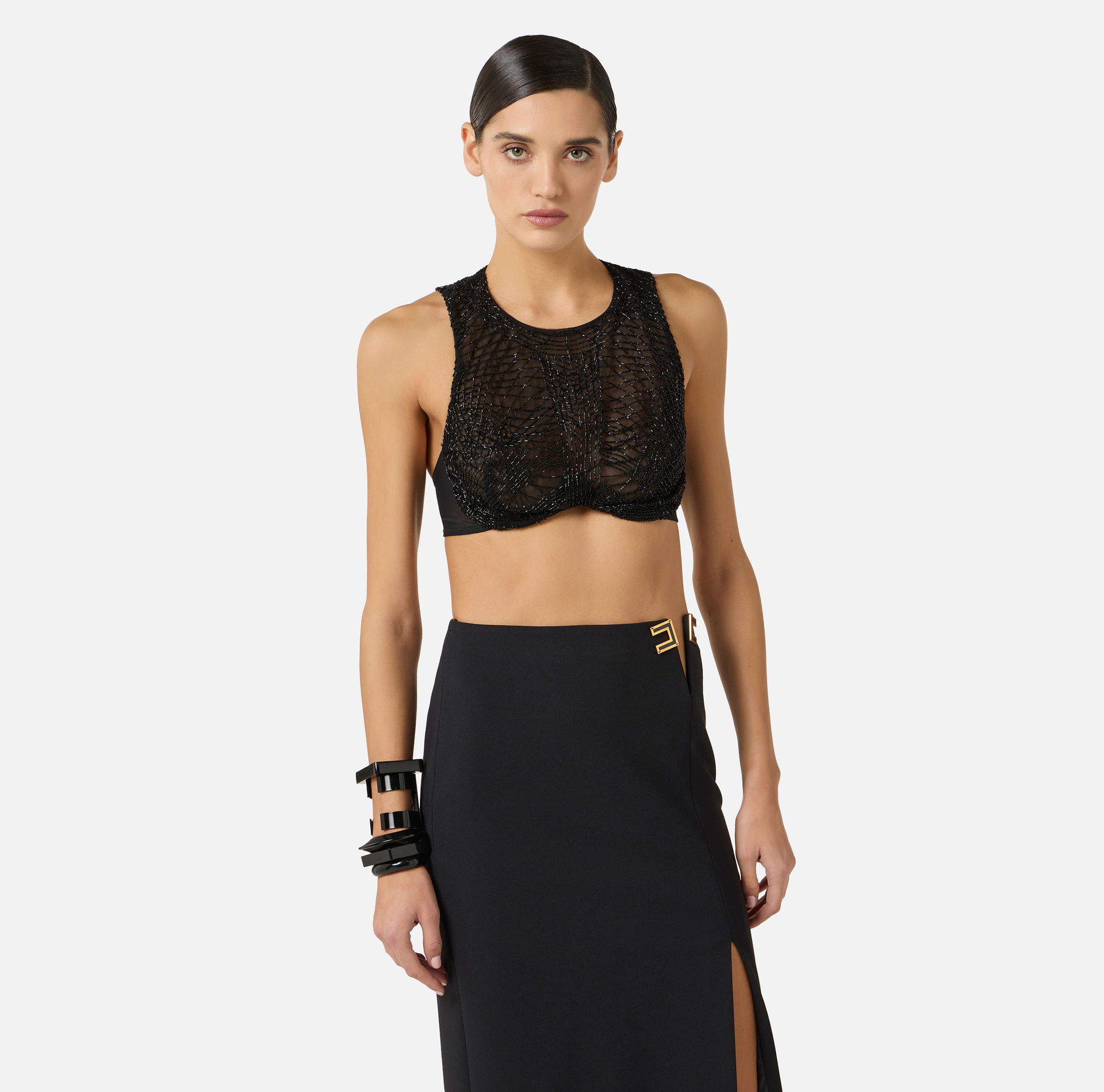 Top in tulle fabric with embroidered crystals - Elisabetta Franchi