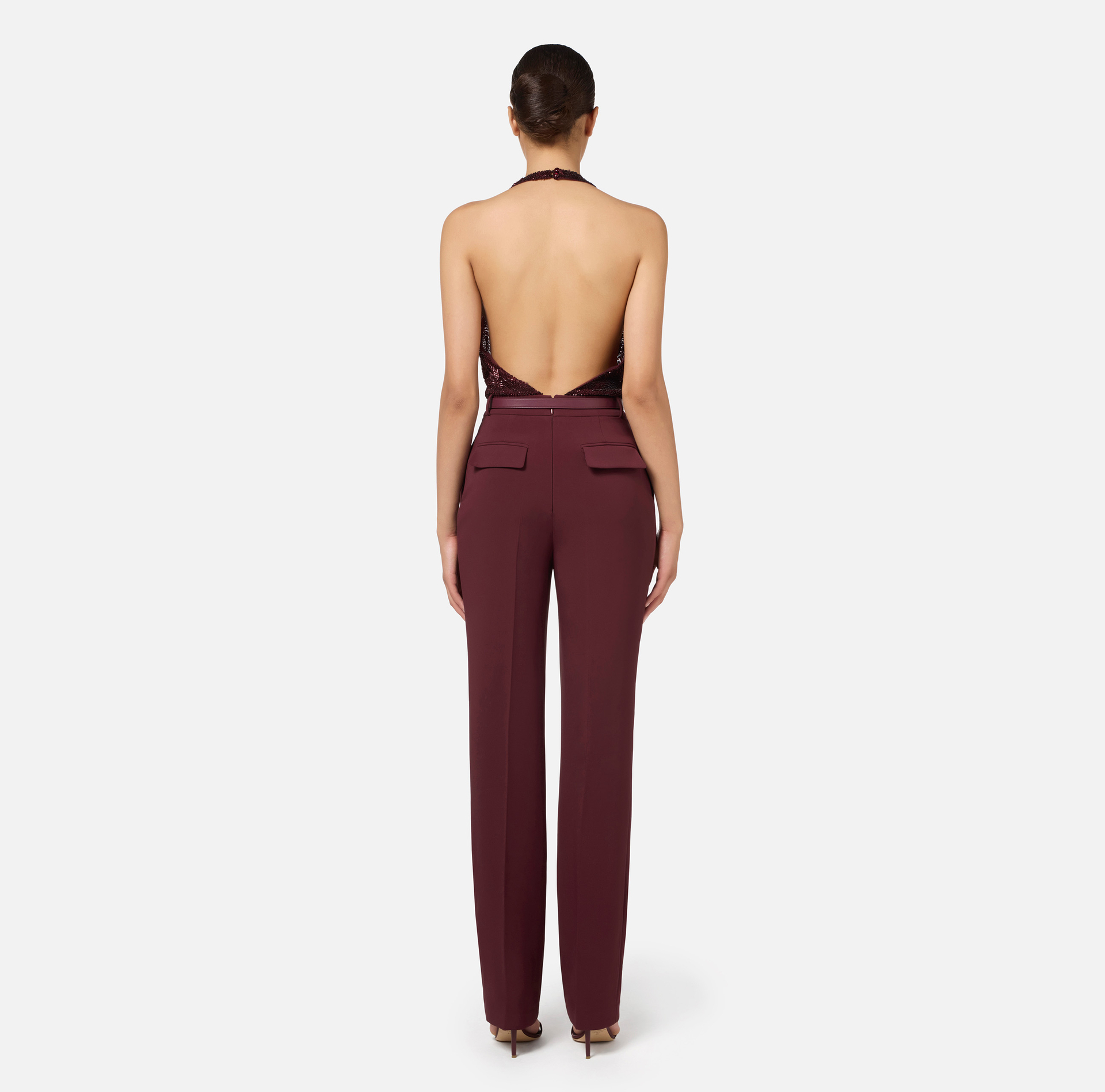 Elisabetta Franchi tuta jumpsuit flare con paillettes marrone
