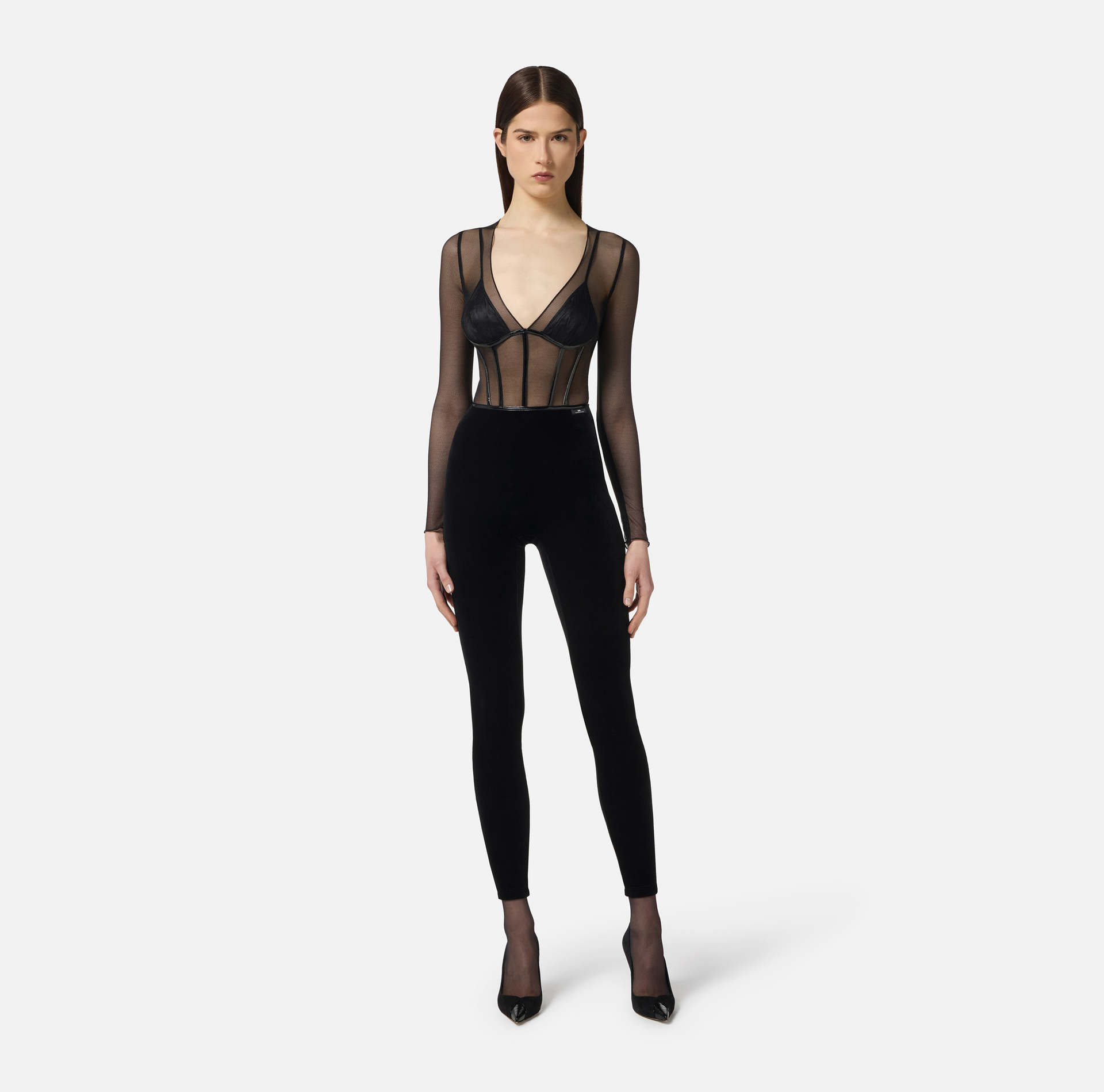 Jumpsuit in tulle and velvet fabrics with vinyl details - Elisabetta Franchi
