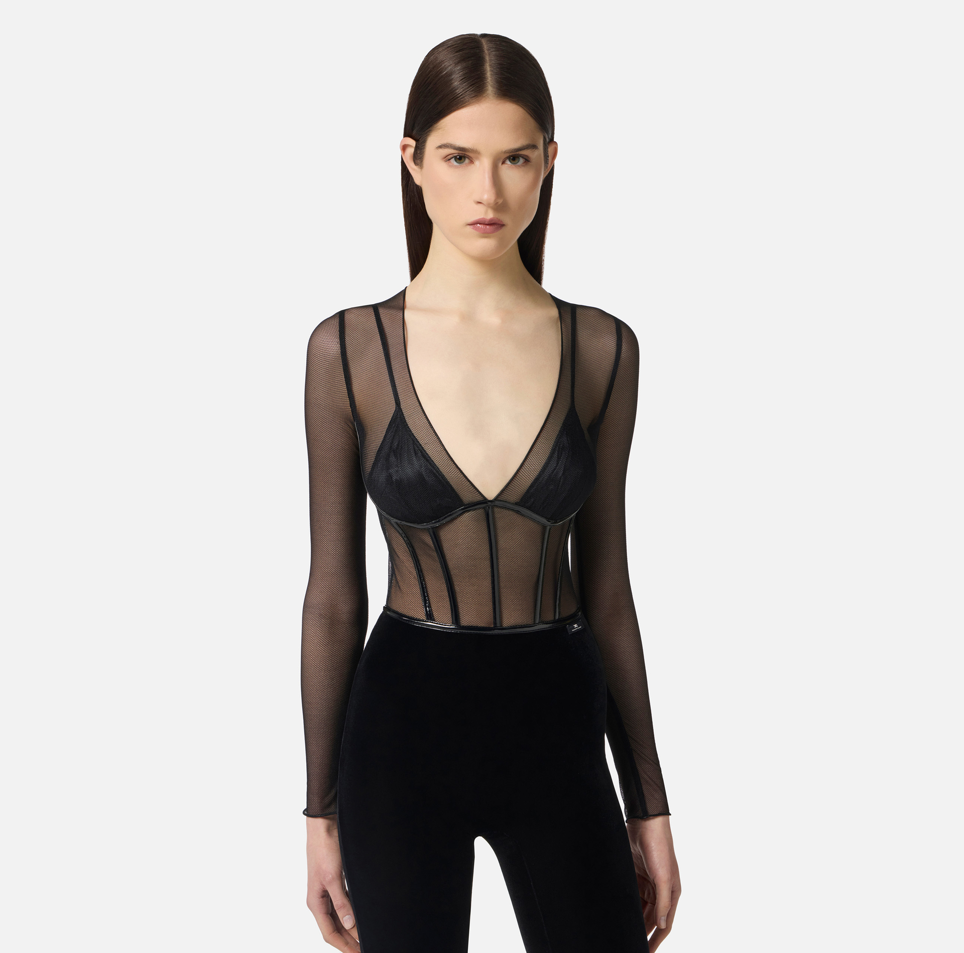 Jumpsuit in tulle and velvet fabrics with vinyl details - Elisabetta Franchi