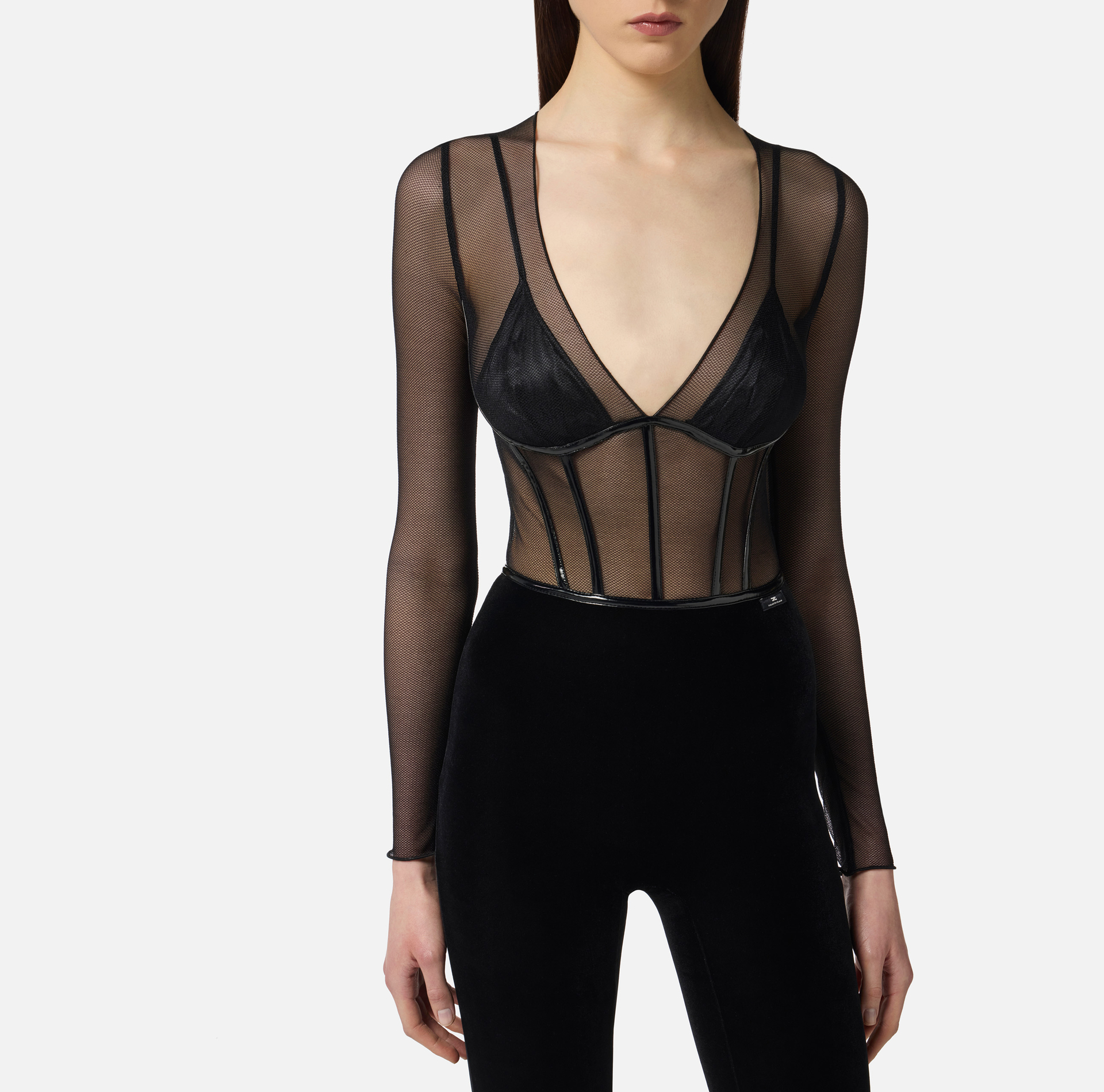 Jumpsuit in tulle and velvet fabrics with vinyl details - Elisabetta Franchi