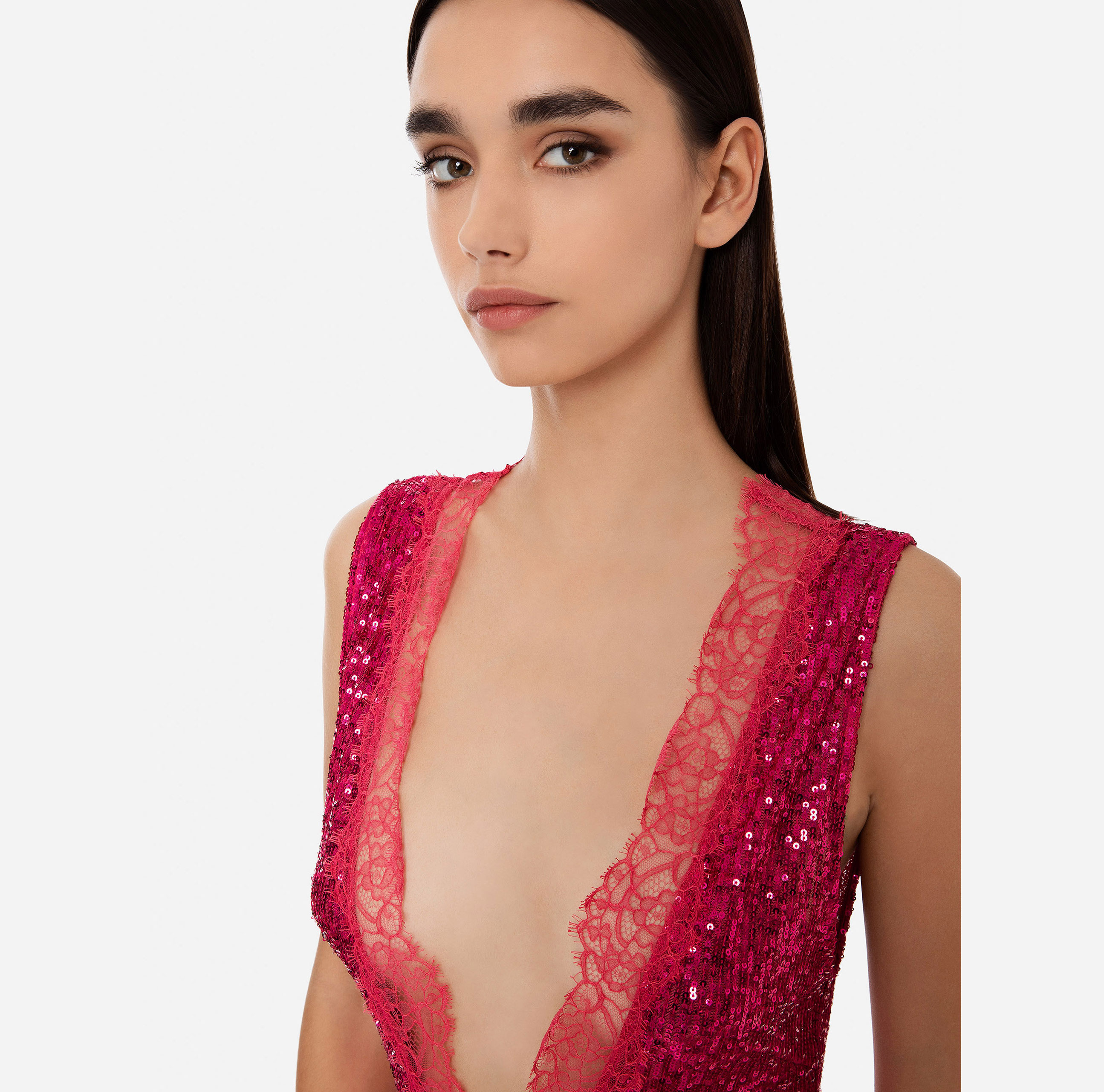 Red carpet dress with inserts in lace and sequin fabric - Elisabetta Franchi