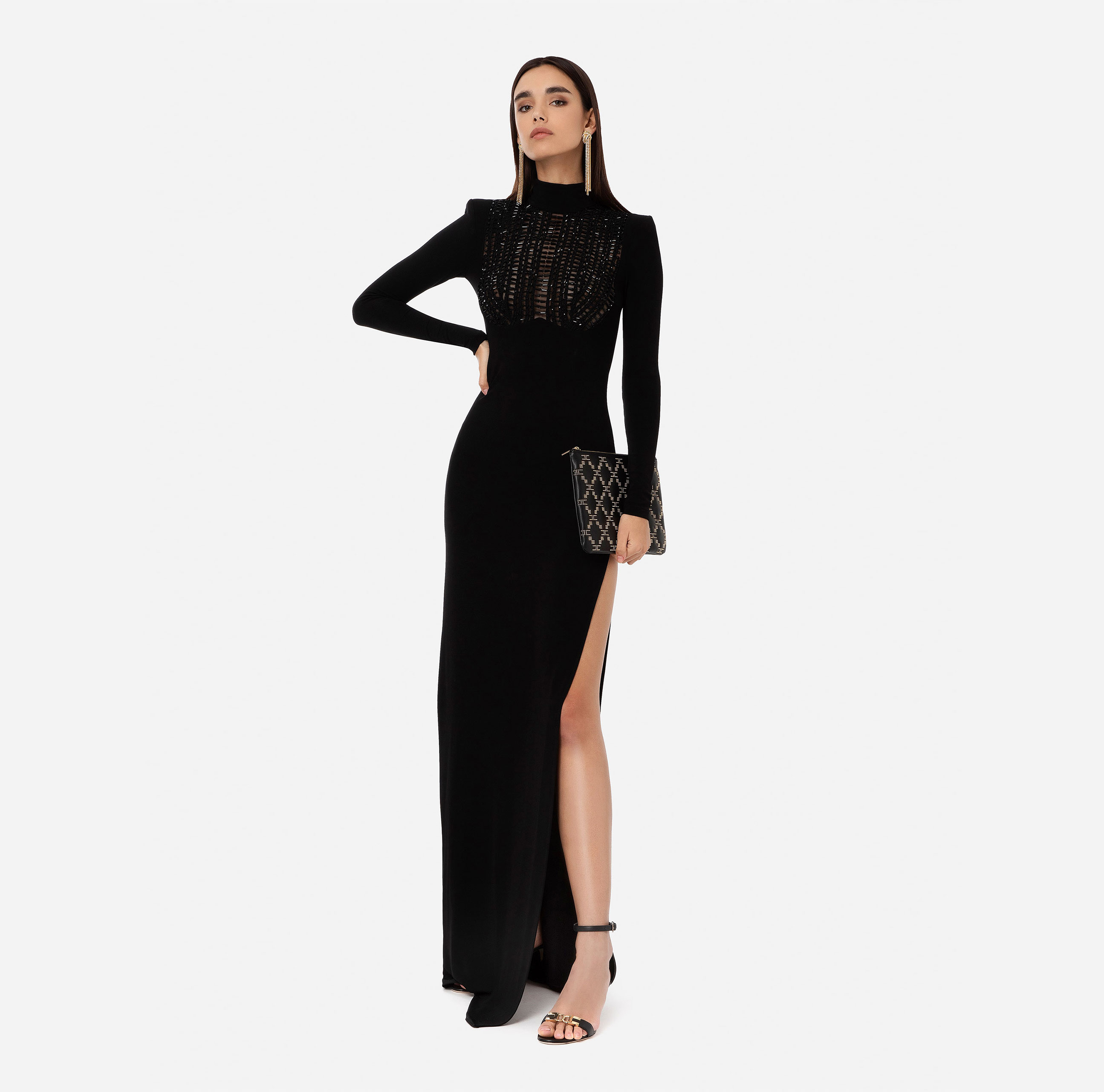 Red carpet dress in jerseywith embroidered ascot tie - Elisabetta Franchi