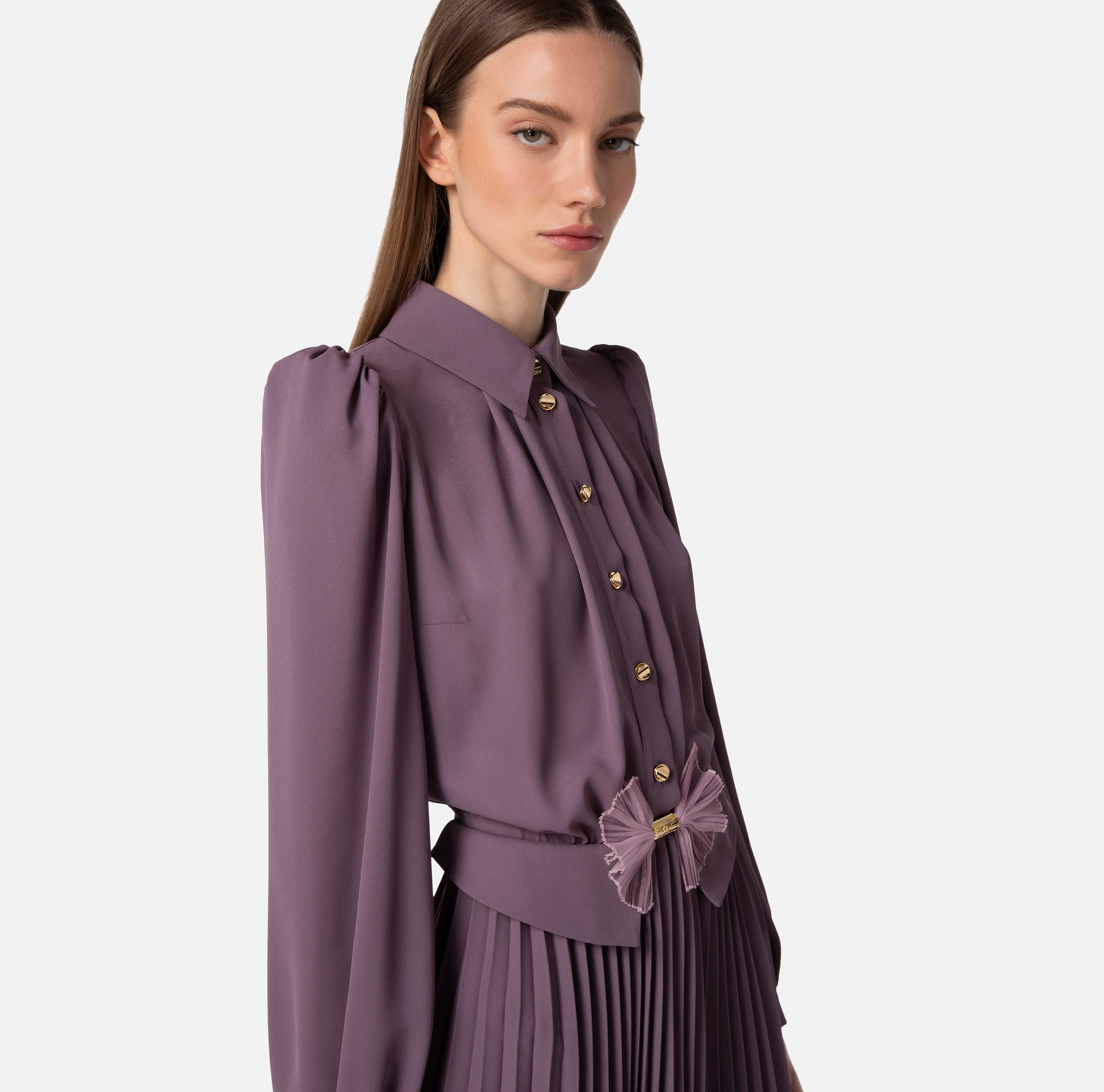 Shirt mini-dress in georgette fabric with bow - Elisabetta Franchi