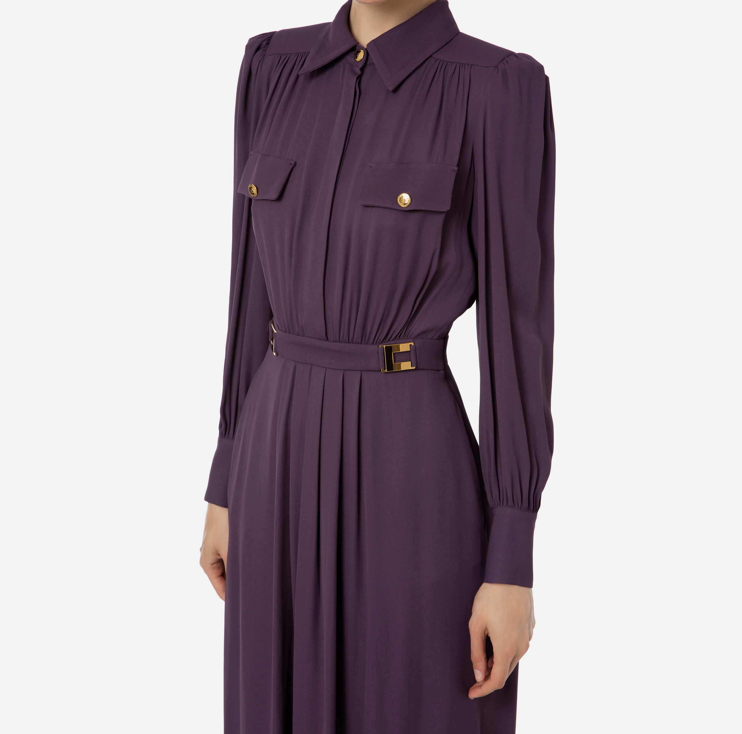 Vestido camisero de georgette con placas con logotipo - Elisabetta Franchi