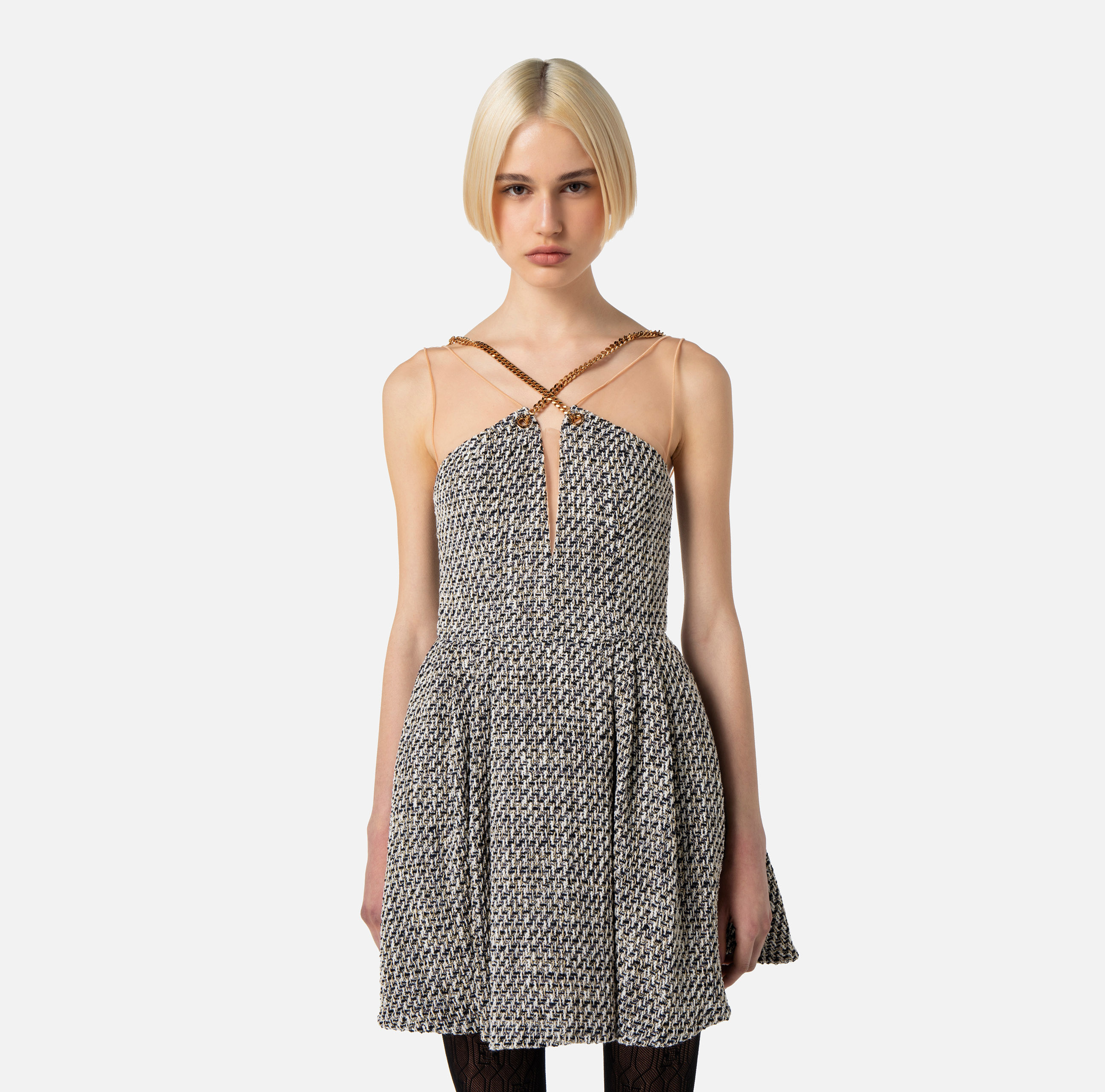 Mini sukienka z tweedu z lureksem, z łańcuszkiem - Elisabetta Franchi