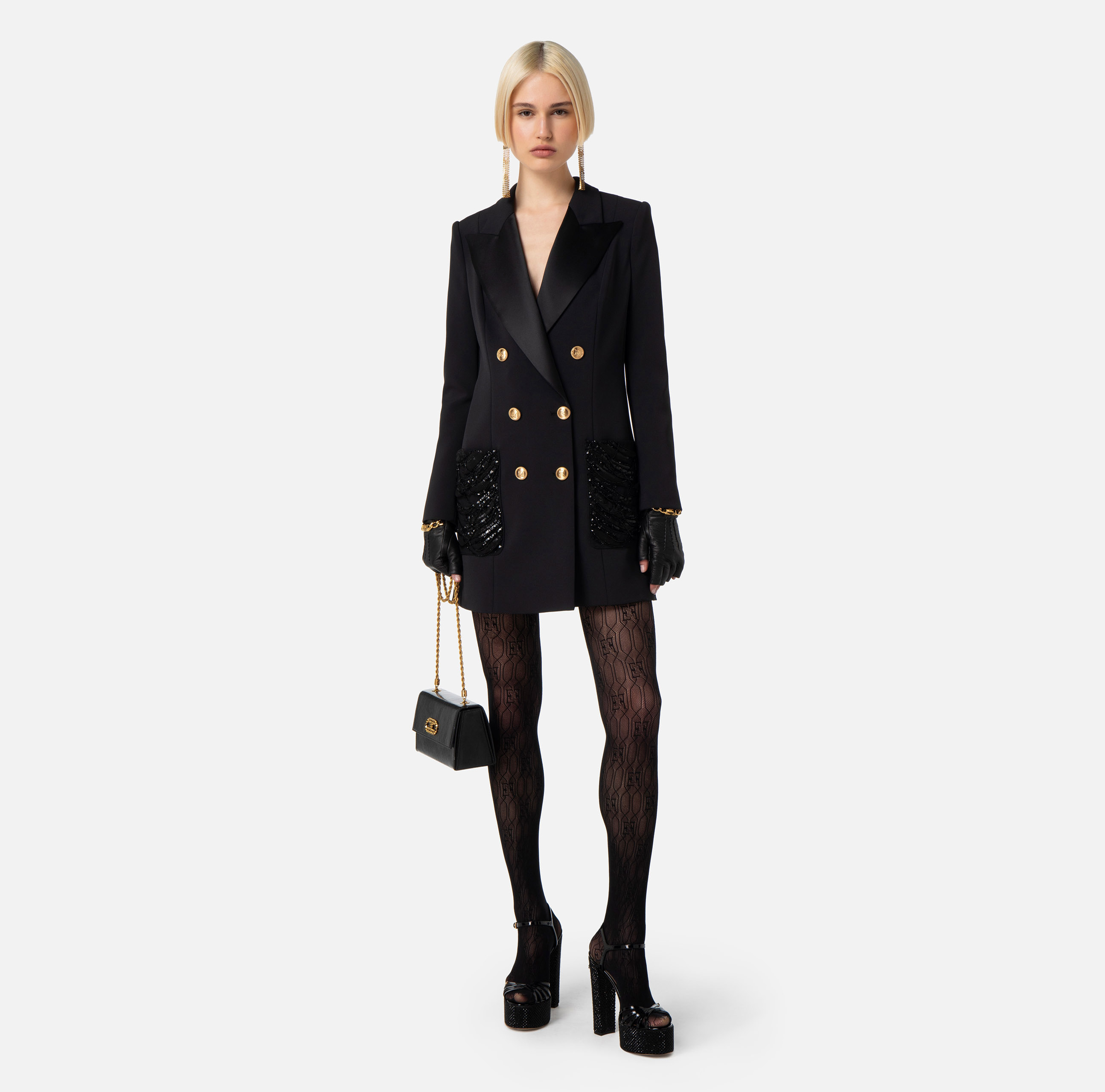 Vestido abrigo de doble crepé con bolsillos bordados - Elisabetta Franchi