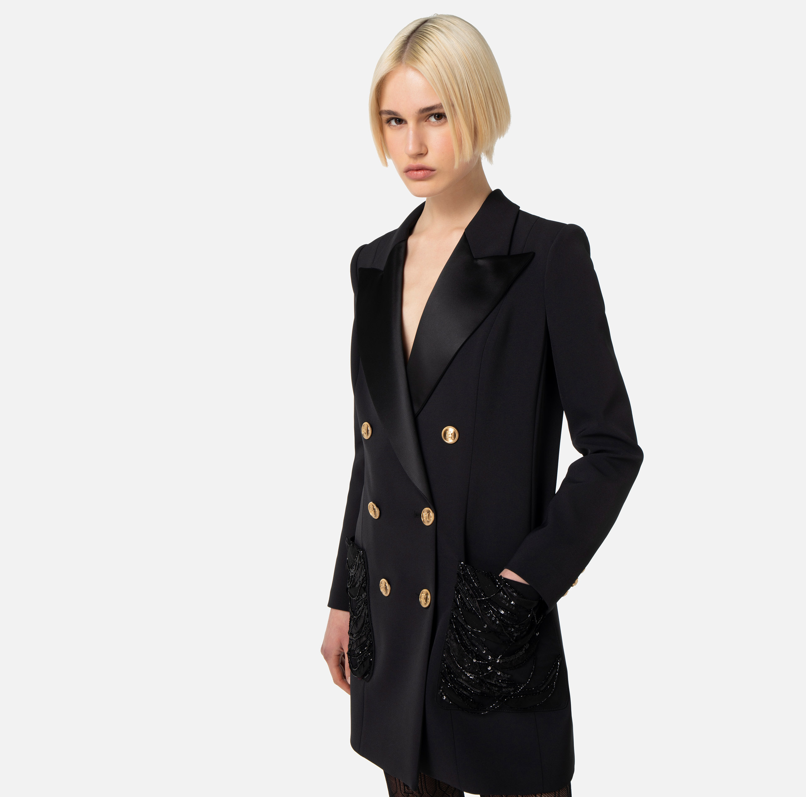 Robe-manteau in doppio crêpe con tasche ricamate - Elisabetta Franchi
