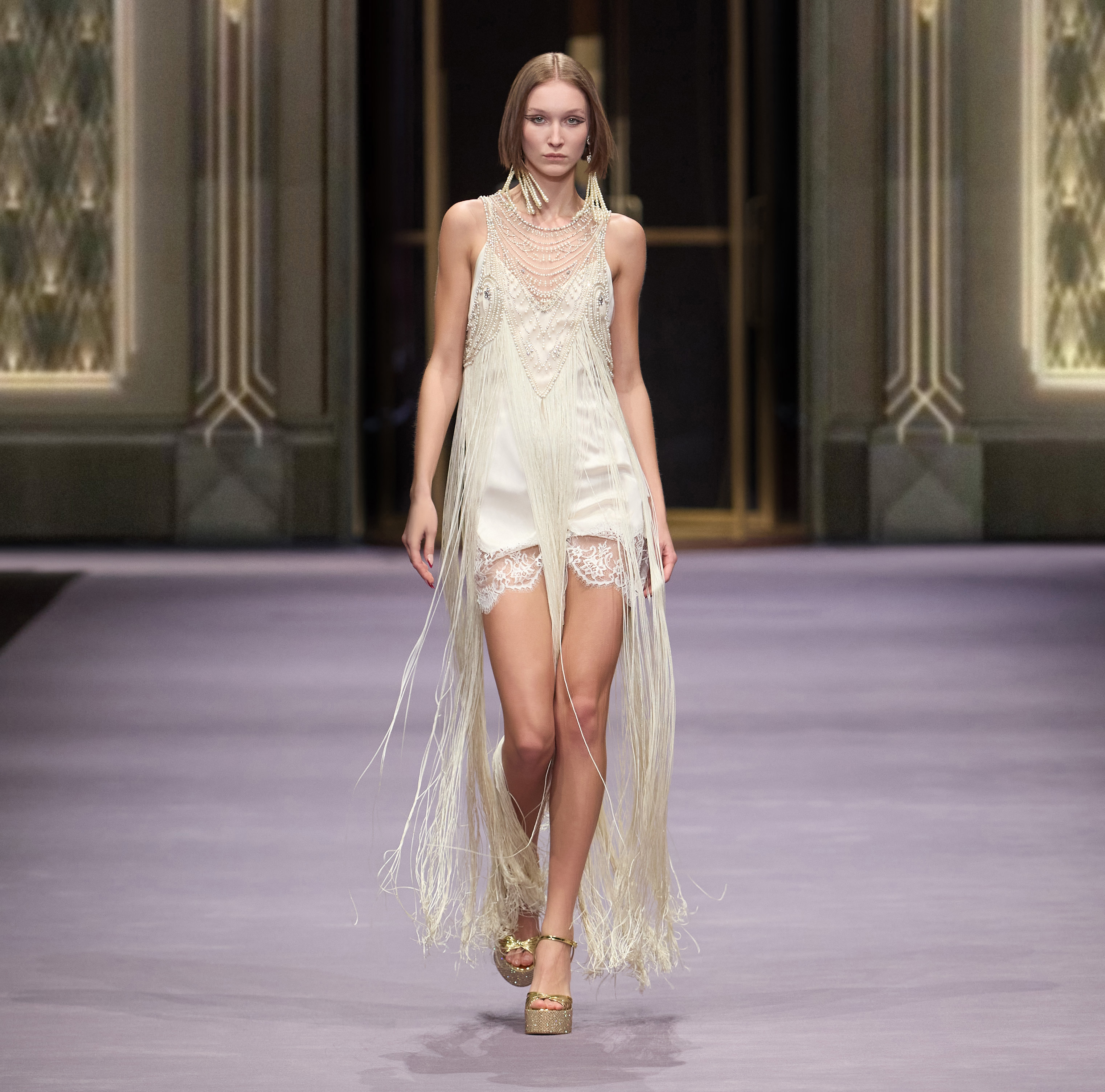 Tulle Red Carpet dress with fringes and beads - Elisabetta Franchi