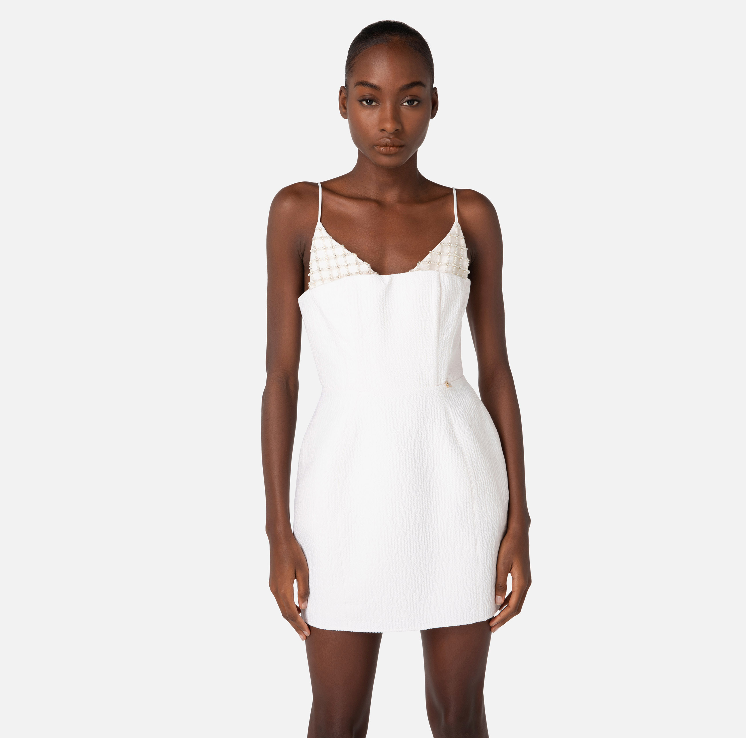 Mini-dress in textured work with embroidered cups - Elisabetta Franchi