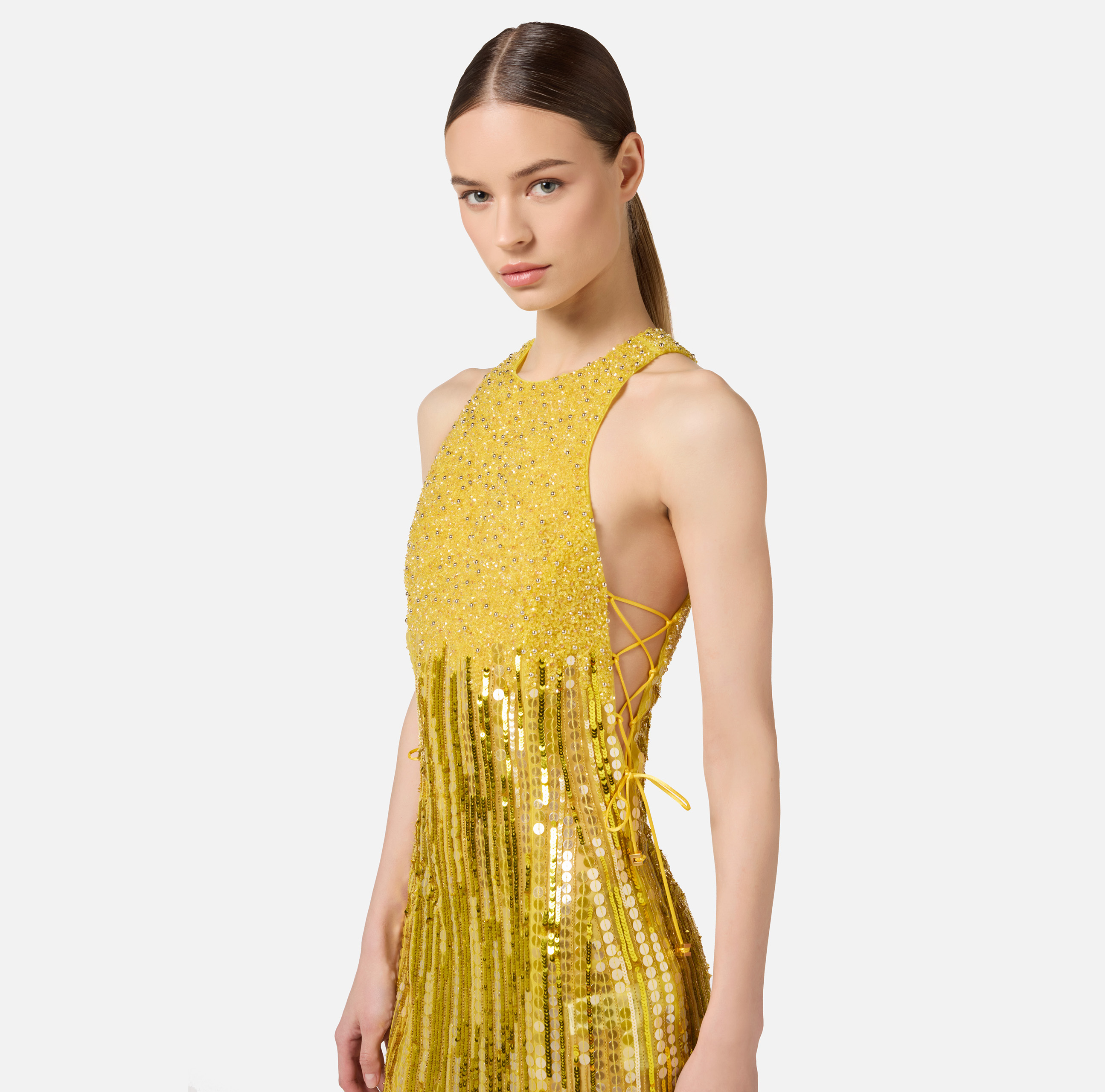 Embroidered red carpet dress with organza fringing - Elisabetta Franchi