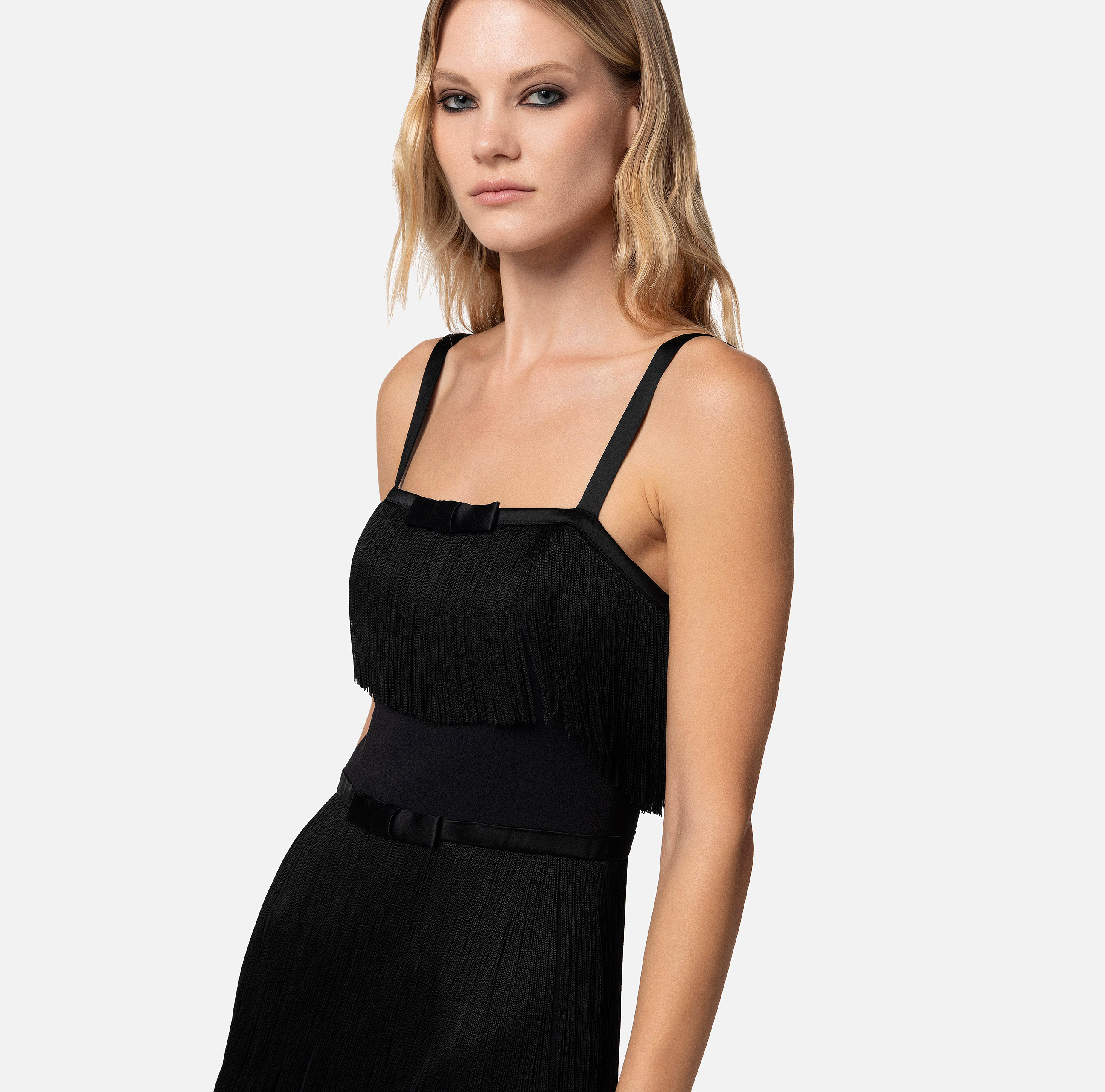 Mini-dress in crêpe fabric with fringes and bow - Elisabetta Franchi