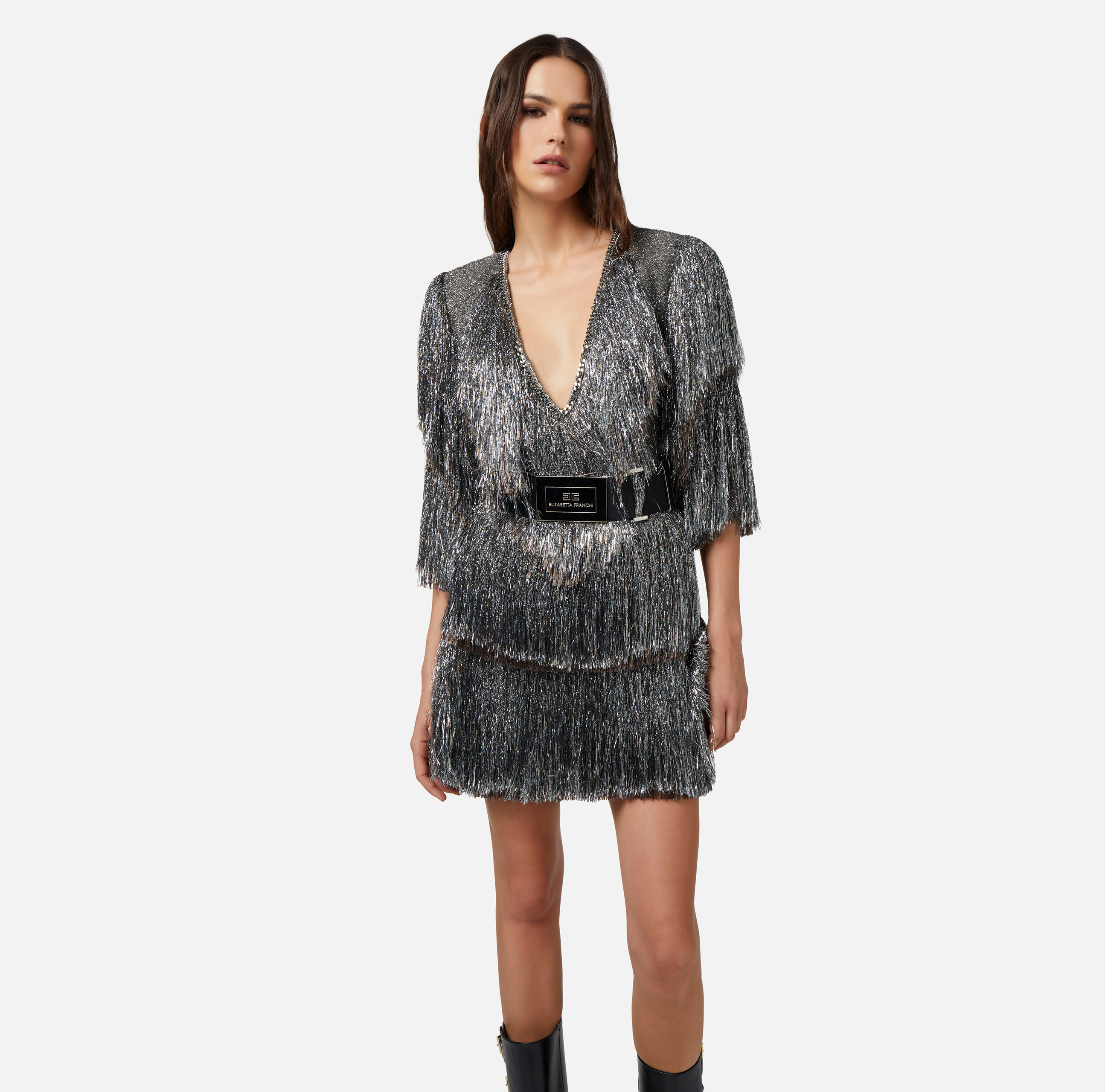 Mini-jurk van lurex tweed met franjes en ceintuur - Elisabetta Franchi