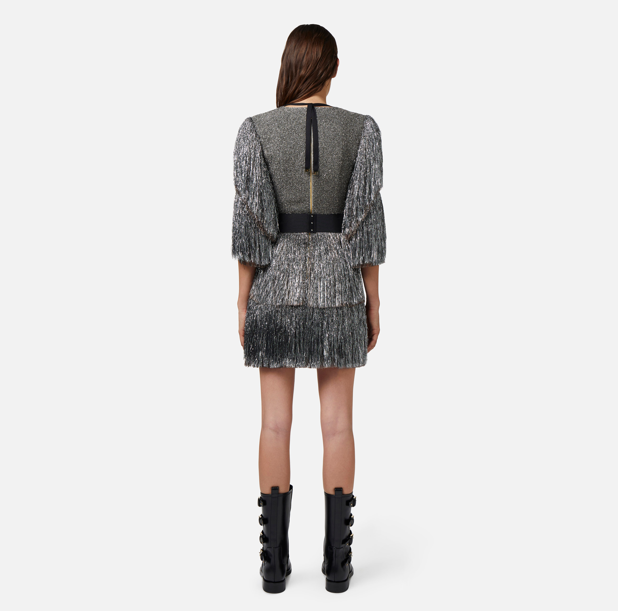 Mini sukienka z tweedu z lureksem z frędzlami i paskiem - Elisabetta Franchi