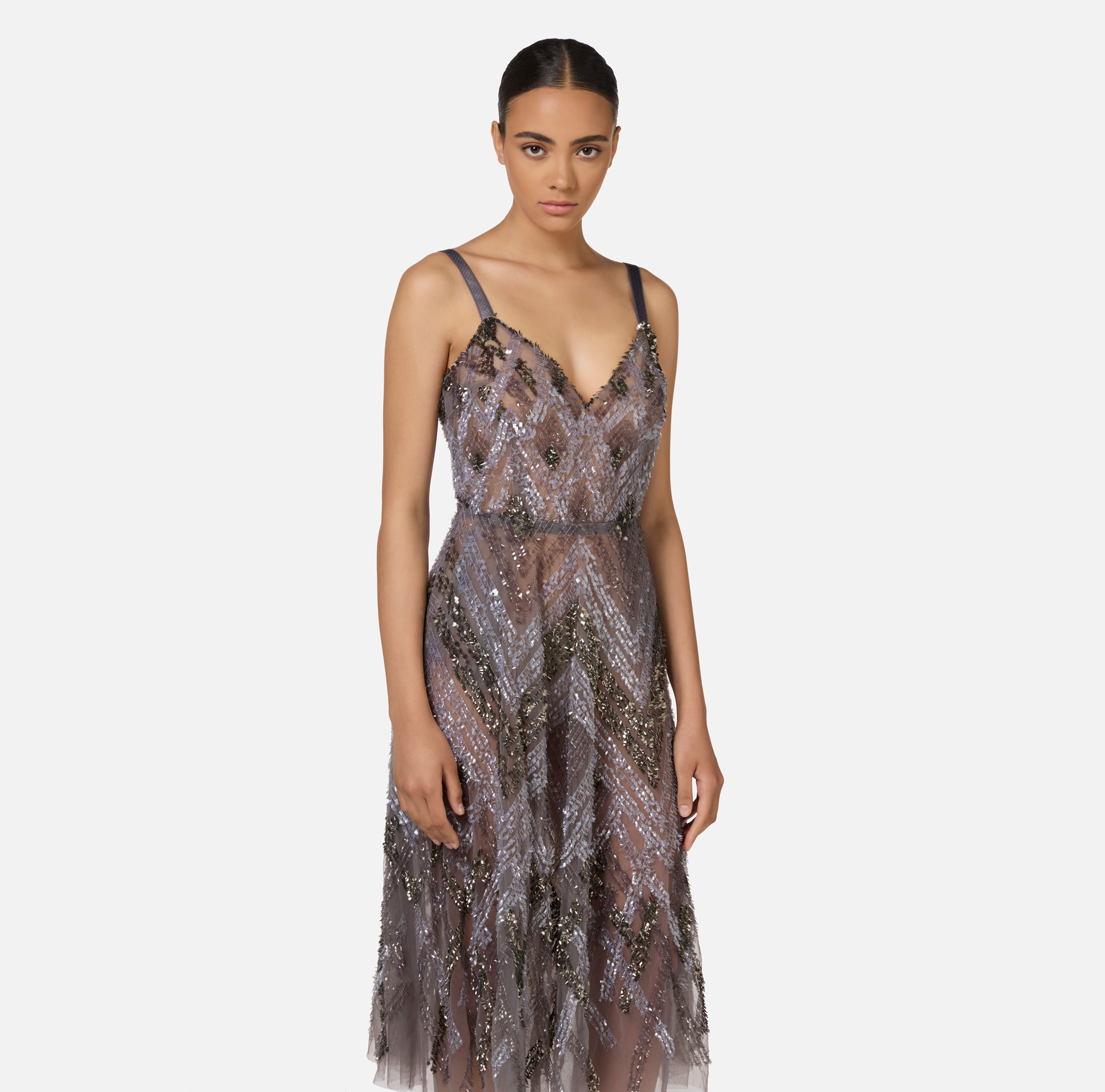 Abito midi in tulle con ricamo paillettes chevron - Elisabetta Franchi