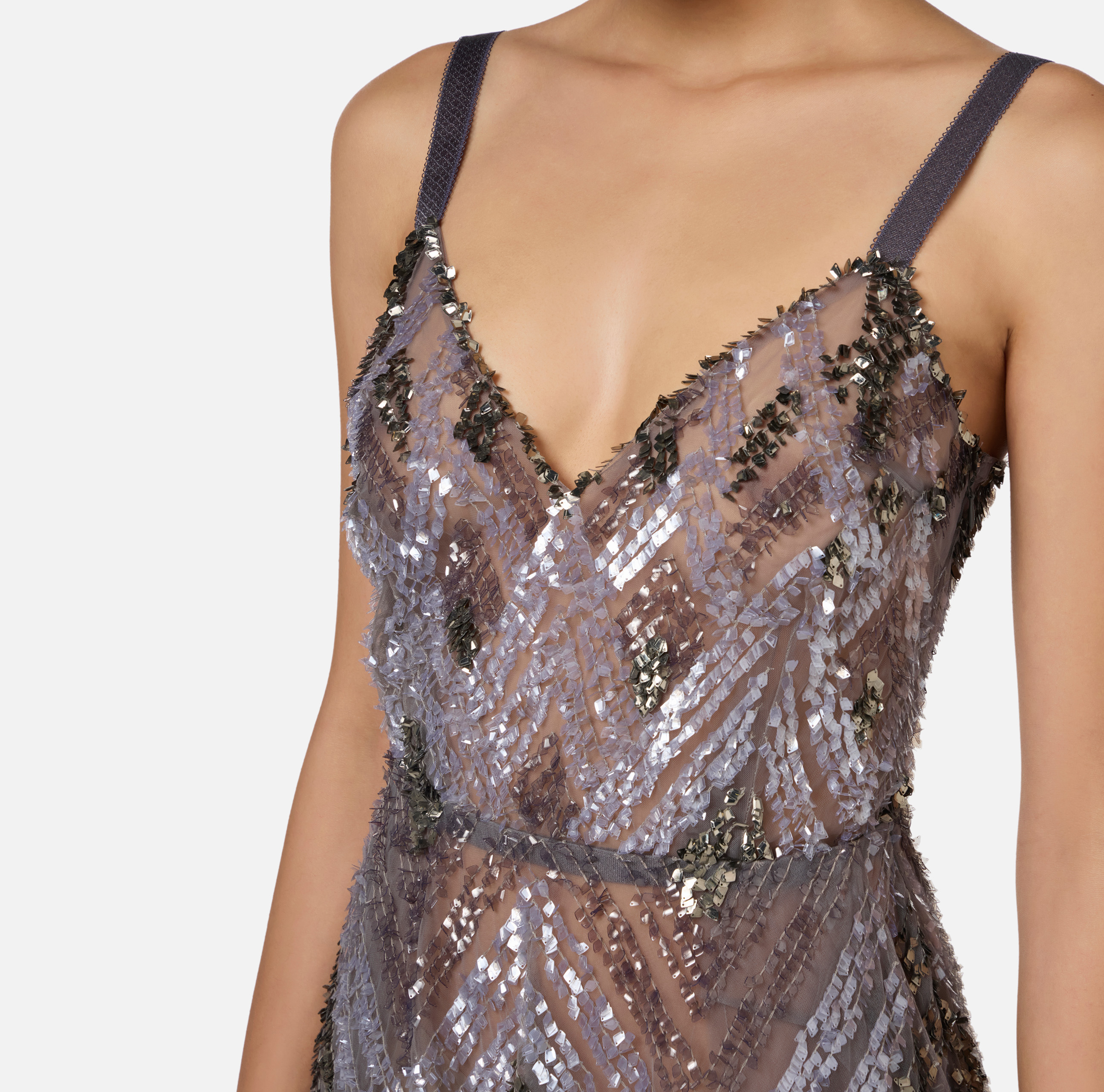 Abito midi in tulle con ricamo paillettes chevron - Elisabetta Franchi