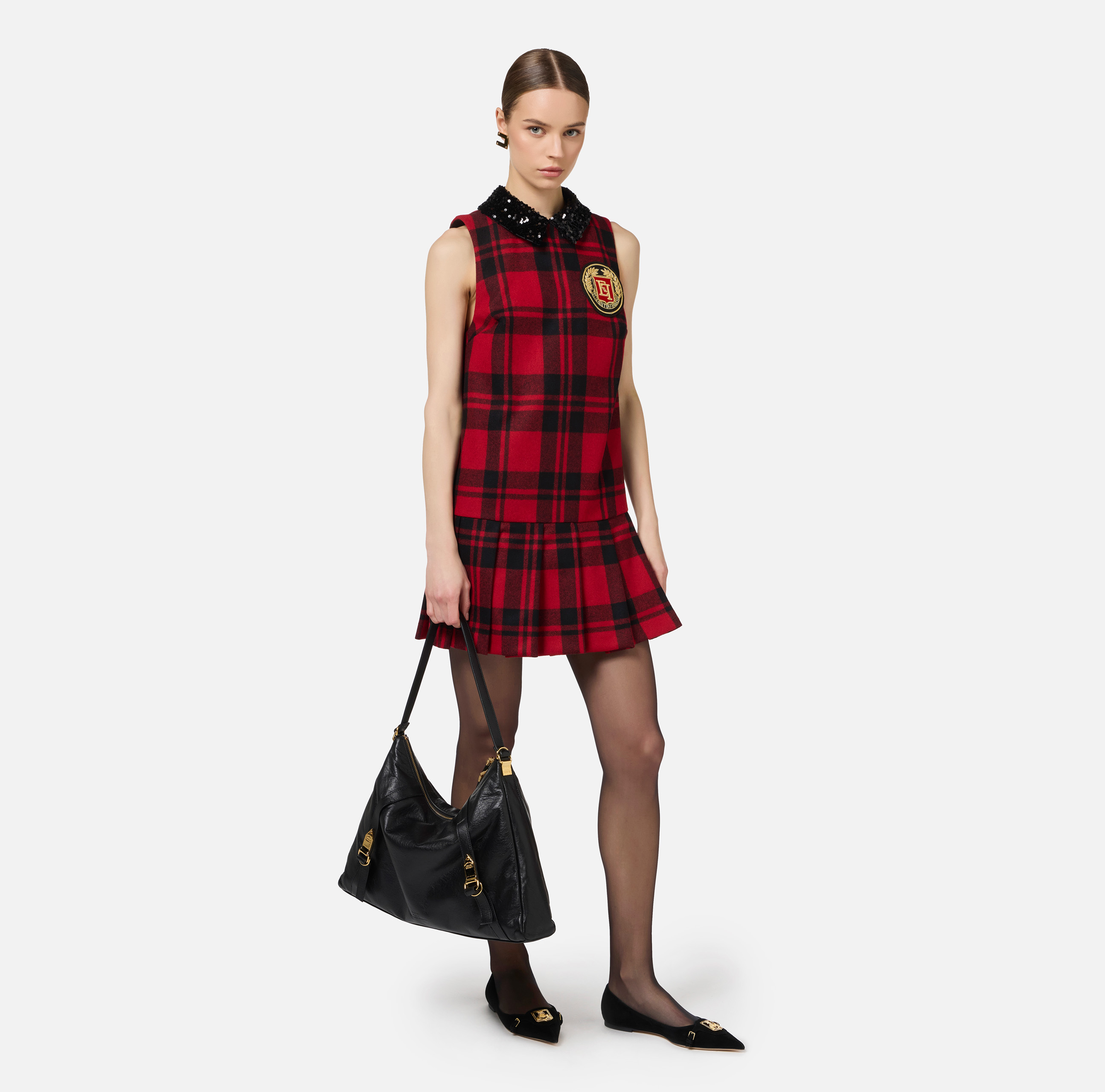 Mini-jurk van tartan wol met geborduurde patch - Elisabetta Franchi