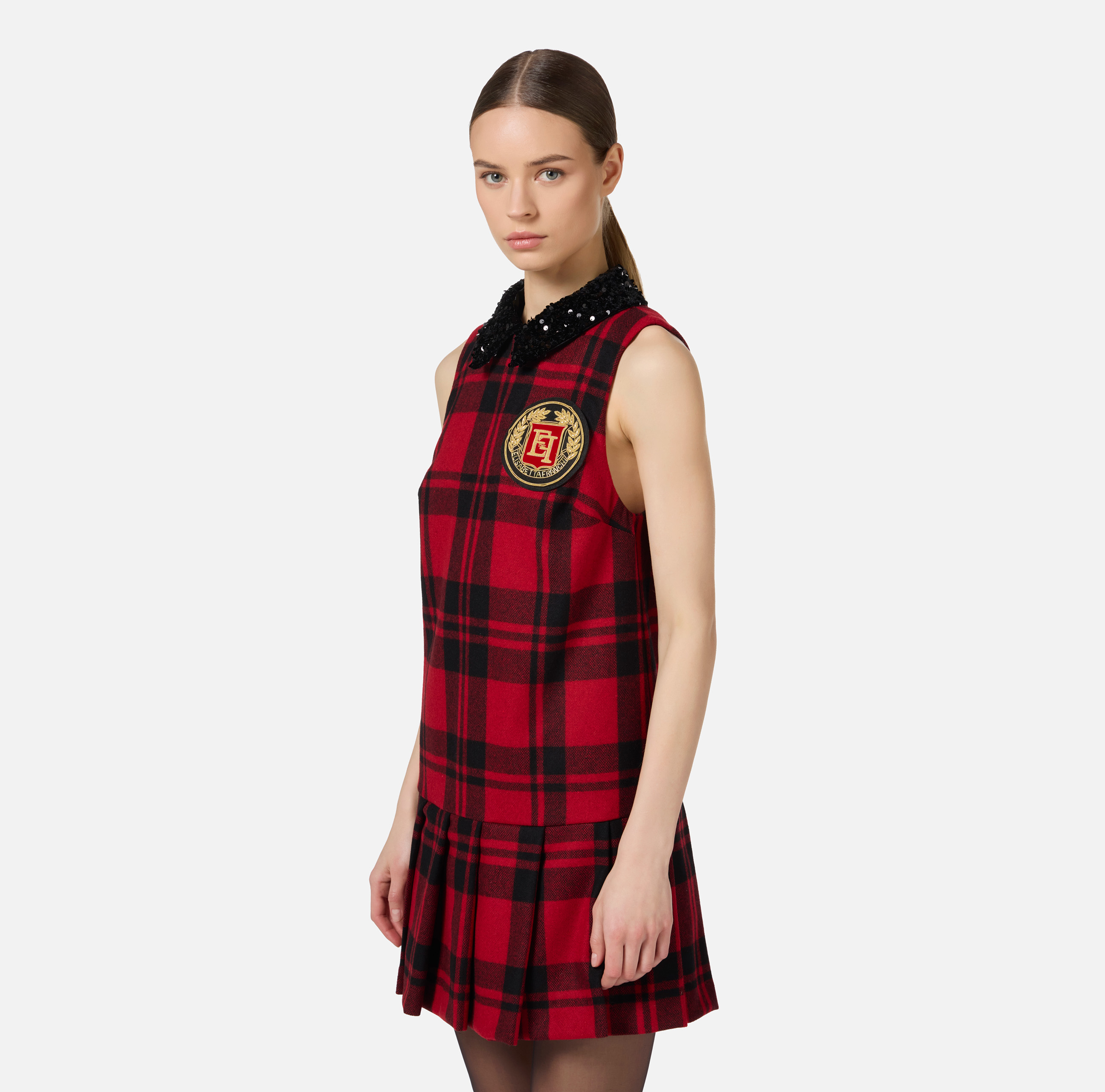 Mini-jurk van tartan wol met geborduurde patch - Elisabetta Franchi