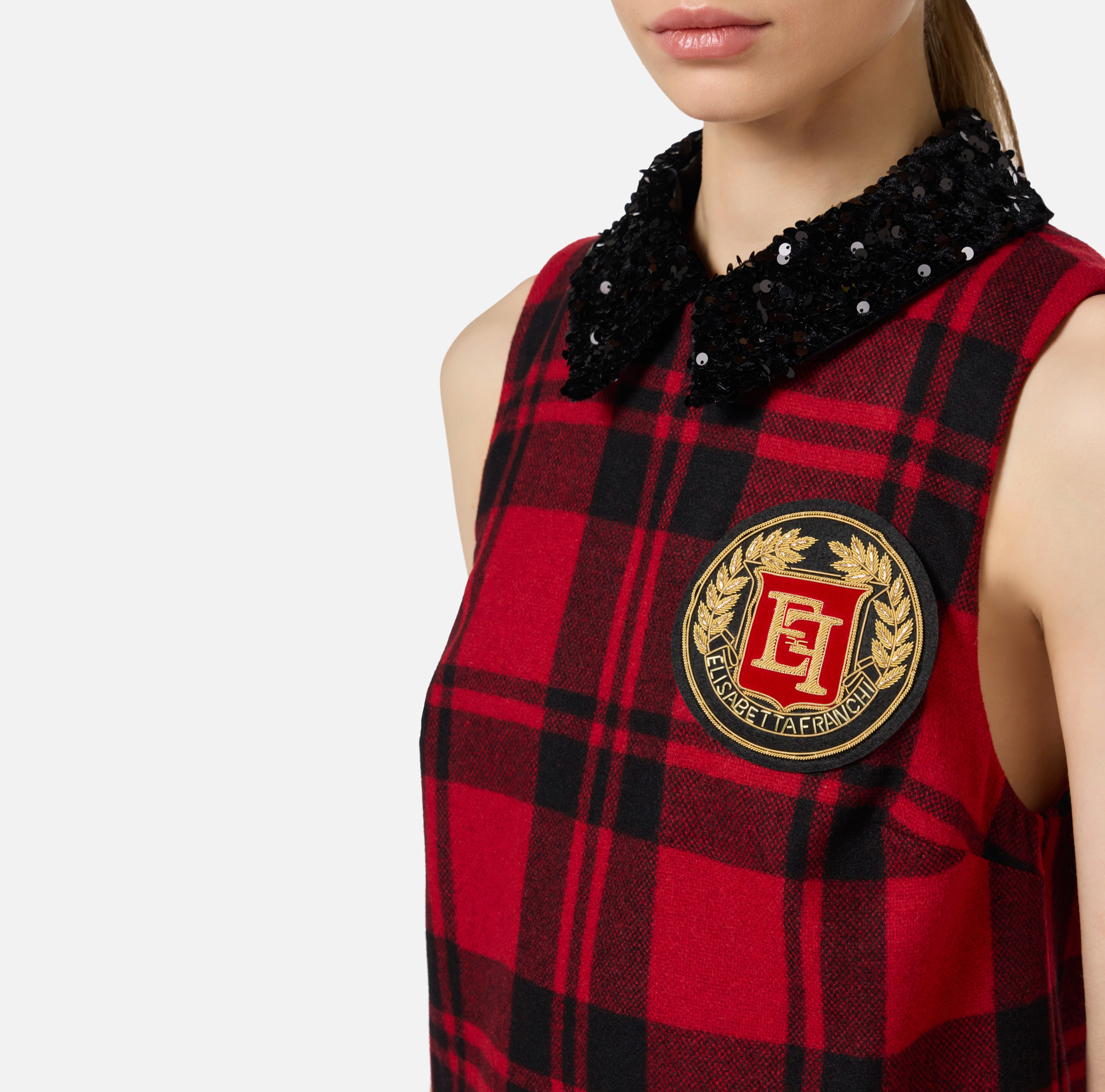 Miniabito in lana tartan con patch ricamato - Elisabetta Franchi