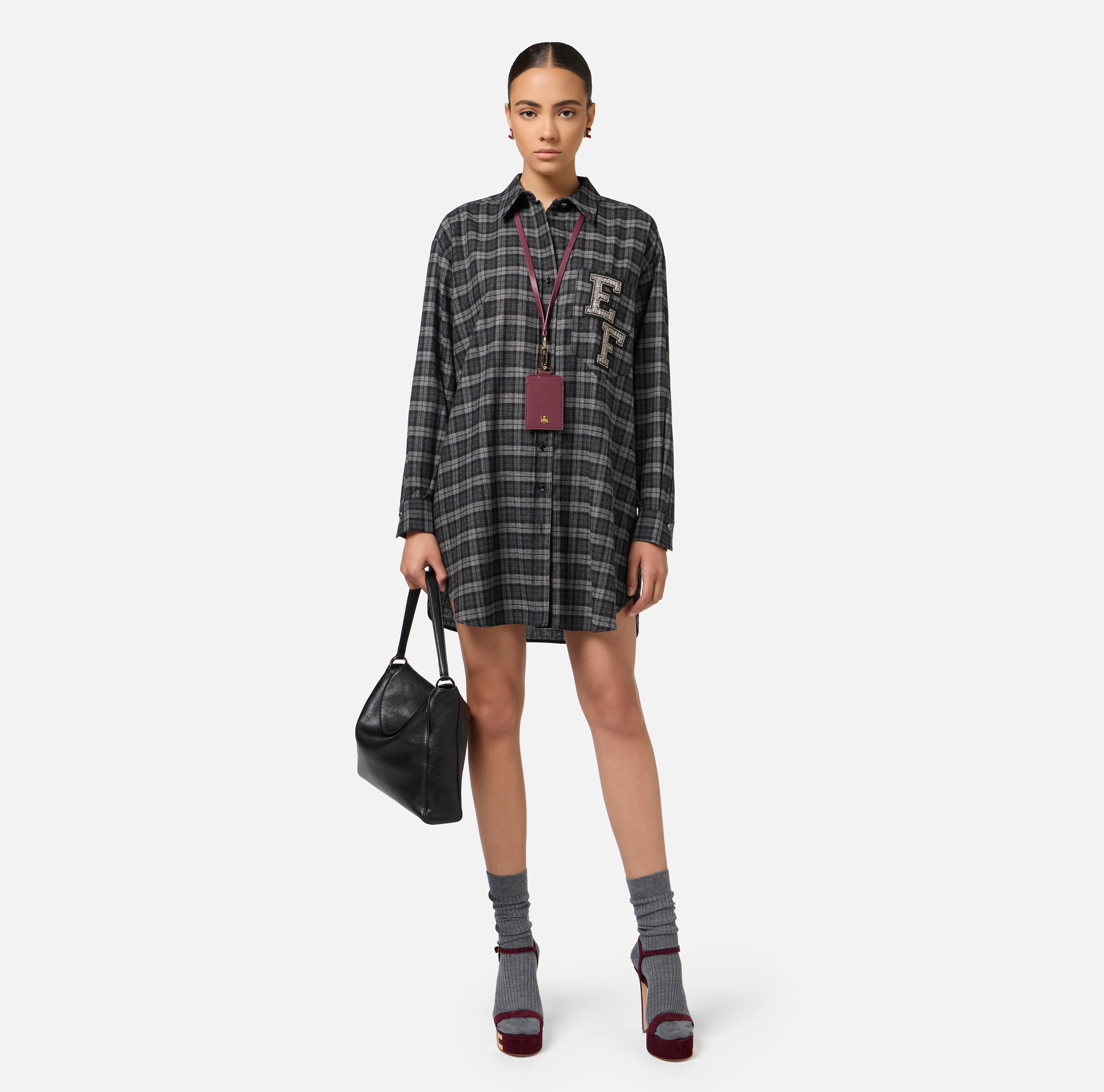 Abito camicia in lana tartan con patch ricamato - Elisabetta Franchi