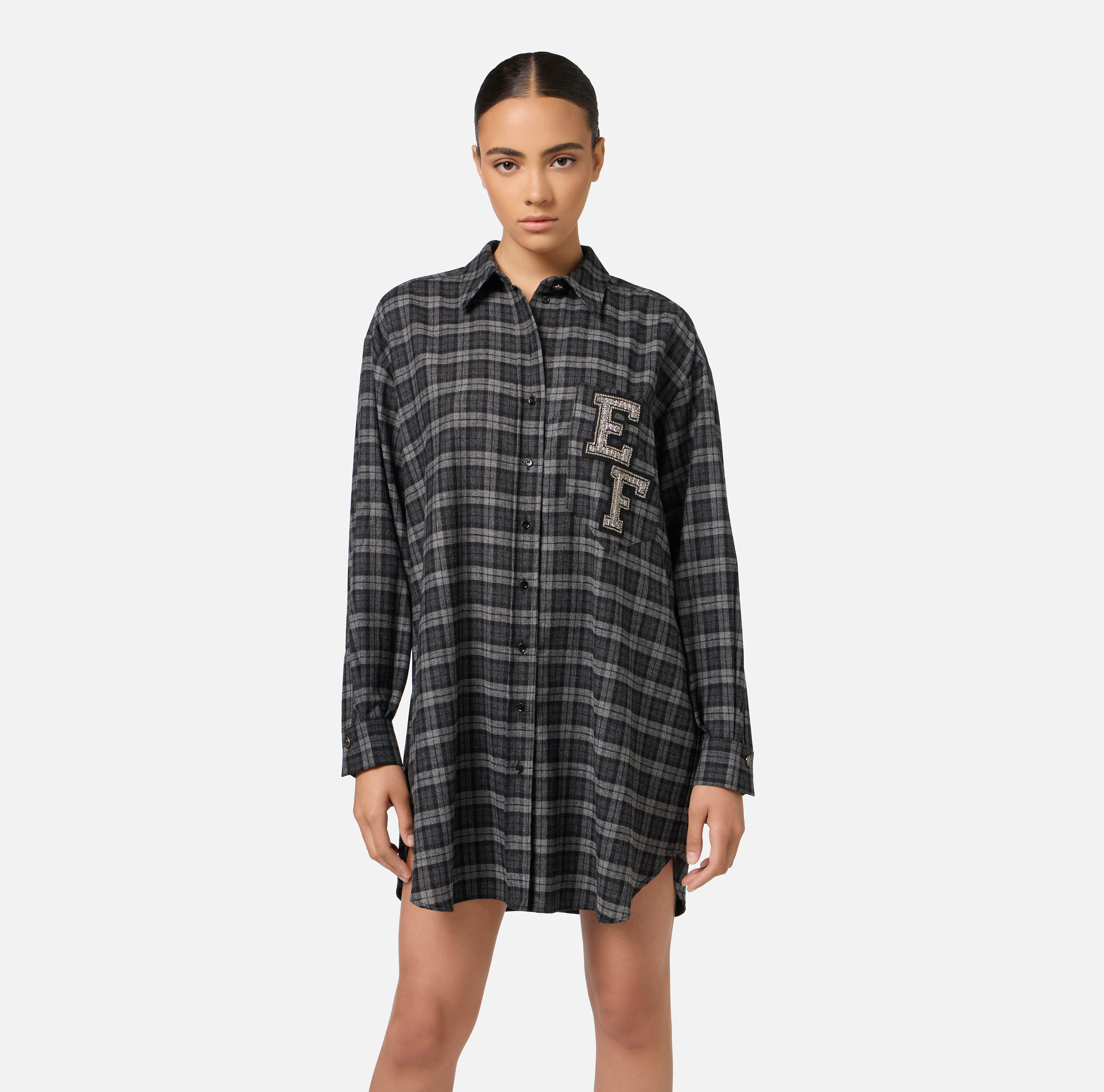 Abito camicia in lana tartan con patch ricamato - Elisabetta Franchi