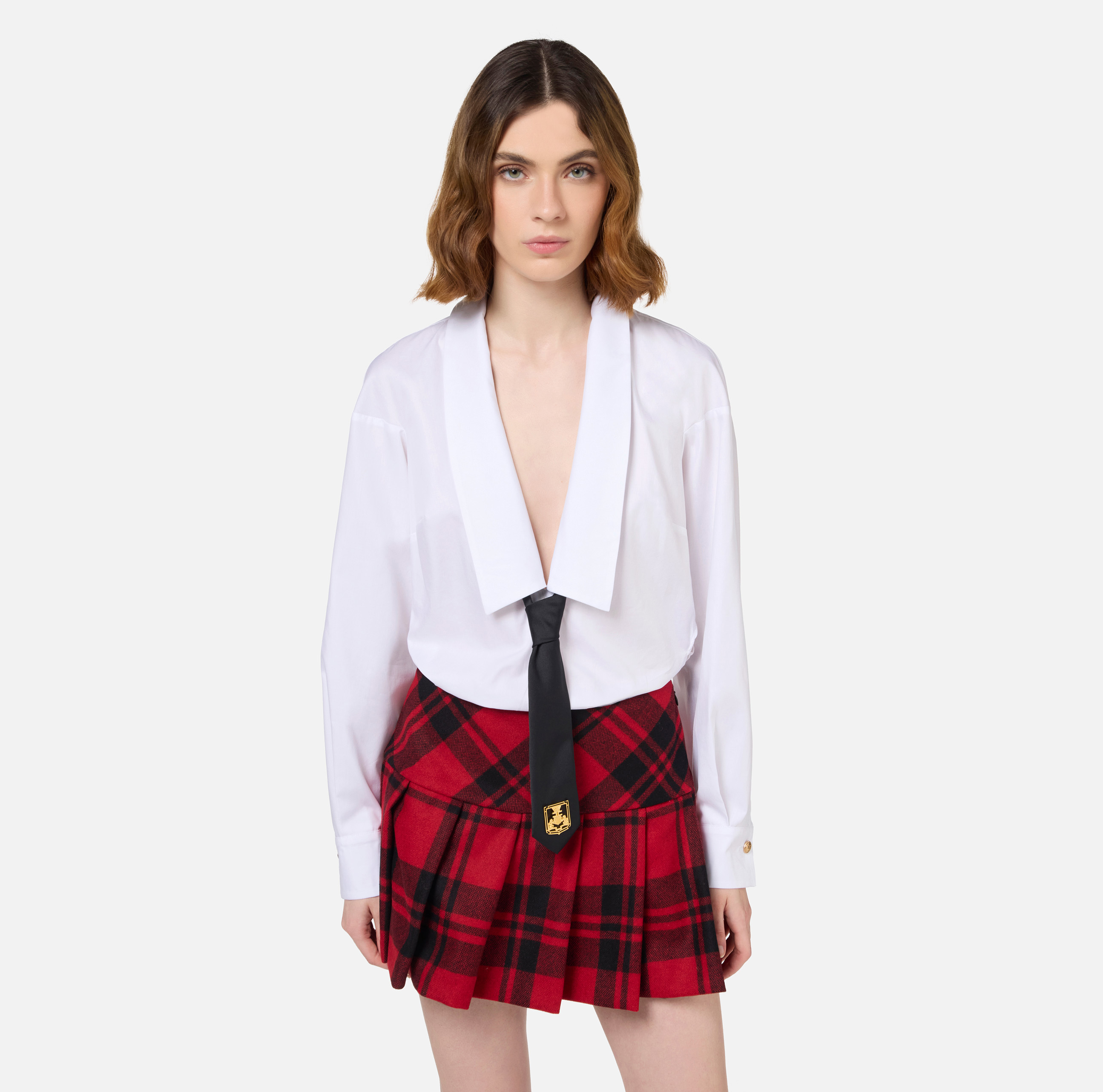 Mini poplin shirt-dress with tartan skirt - Elisabetta Franchi