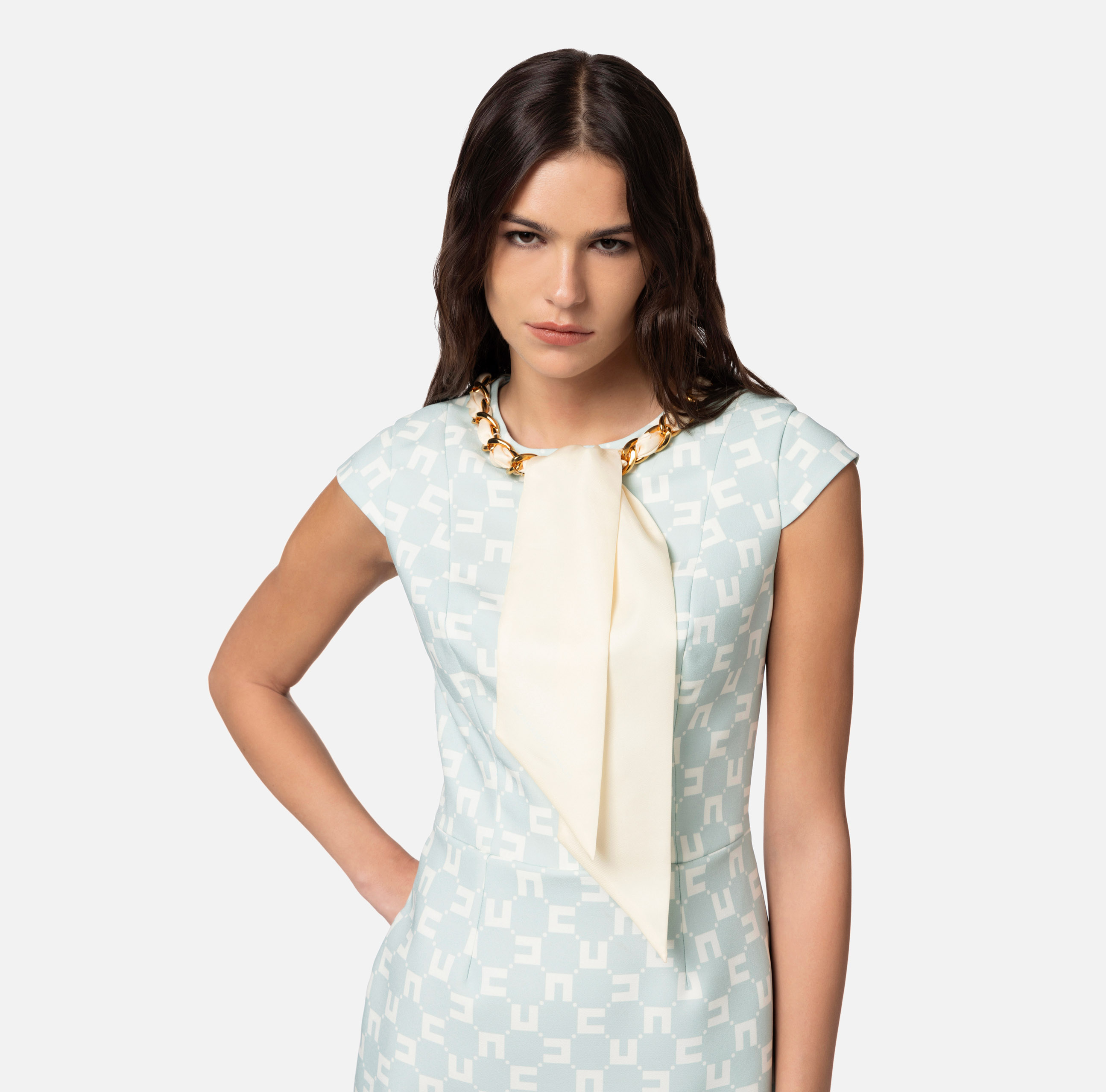 Mini-jurk van stretchcrêpe met print met logo en foulard in de halslijn - Elisabetta Franchi