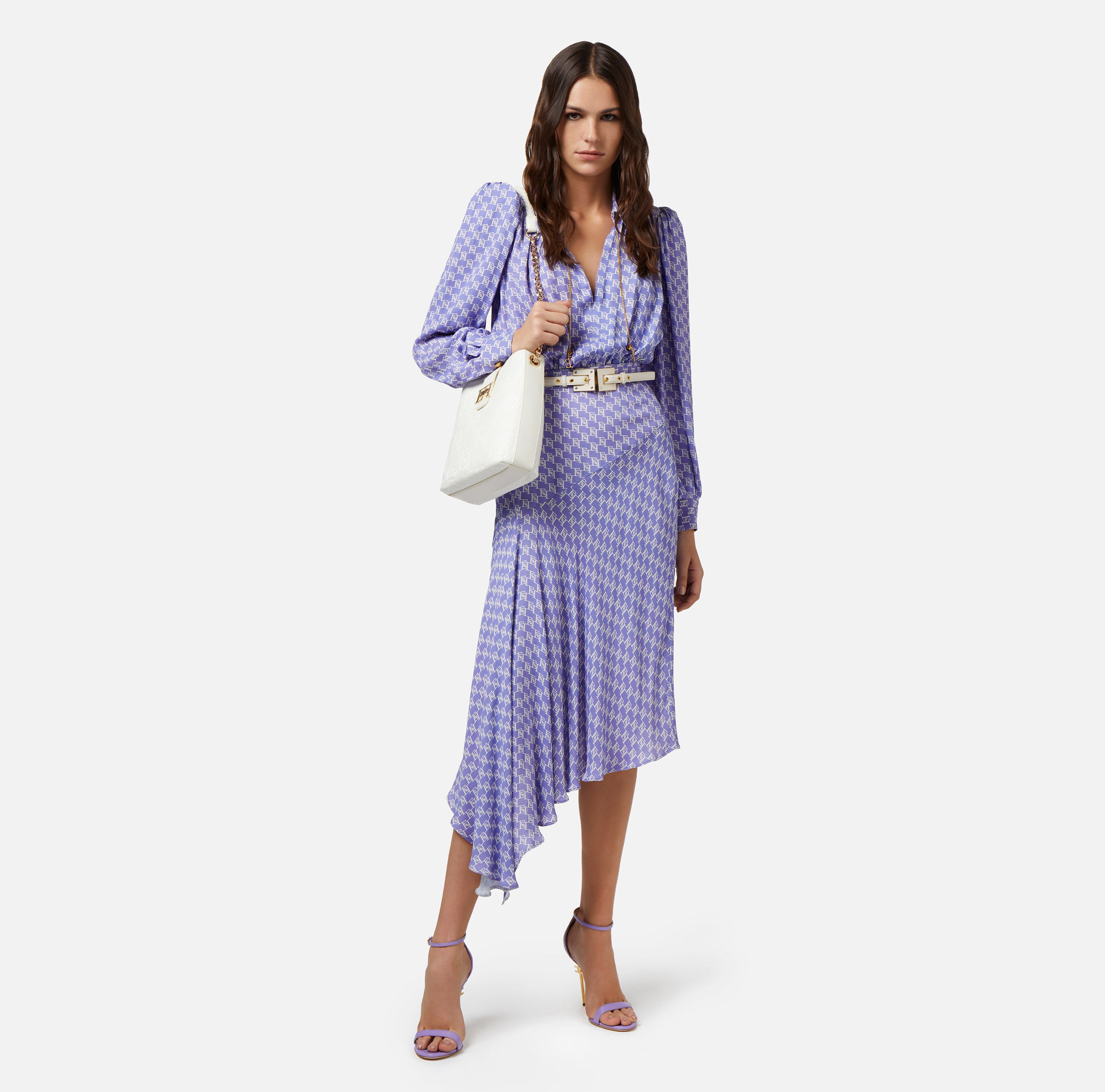 Asymmetric georgette shirt-dress with logo print - Elisabetta Franchi