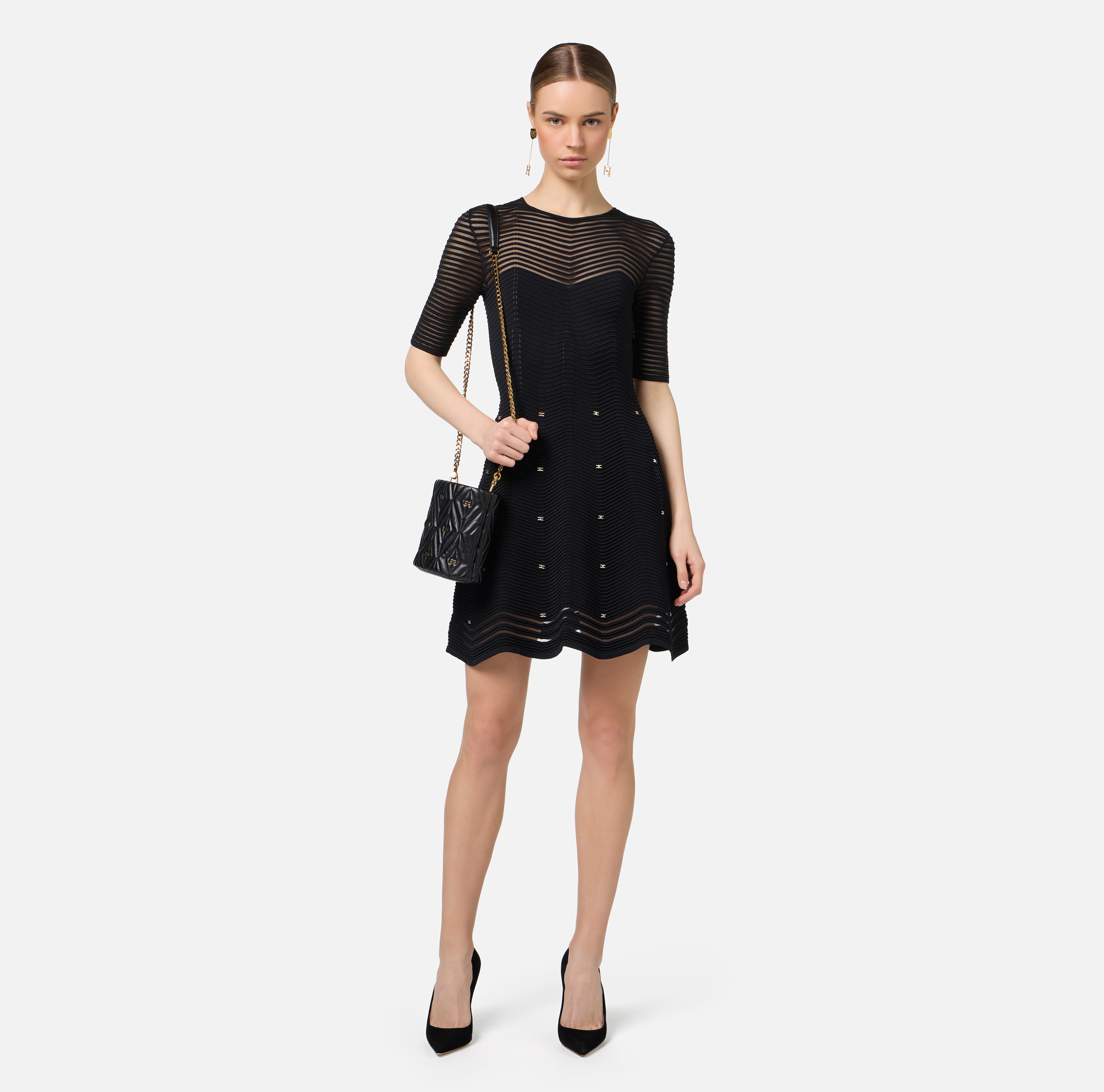 Herringbone pattern mini-dress in viscose fabric with studs - Elisabetta Franchi