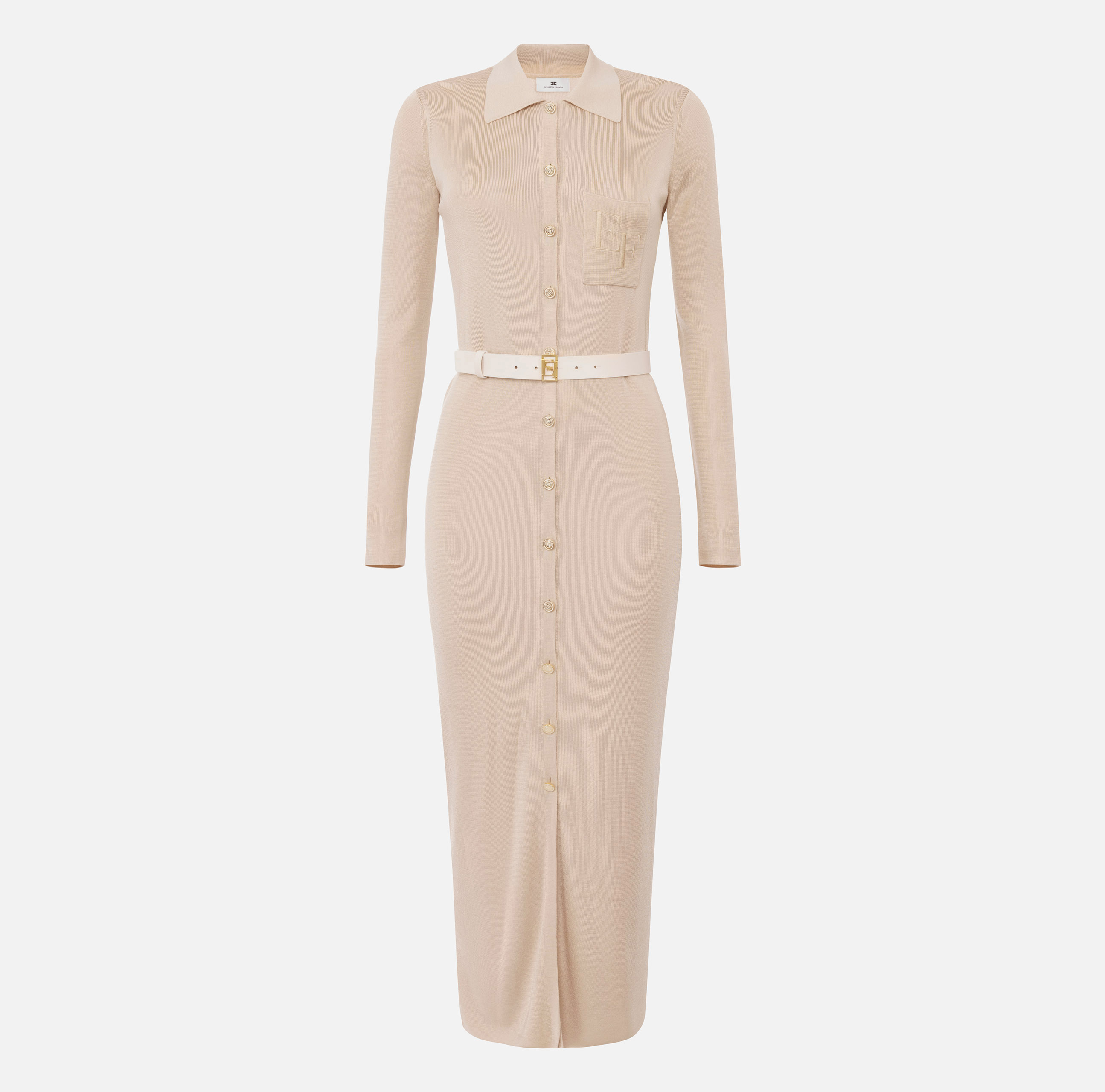 Long dress in shiny viscose fabric with logo embroidery and belt - Elisabetta Franchi