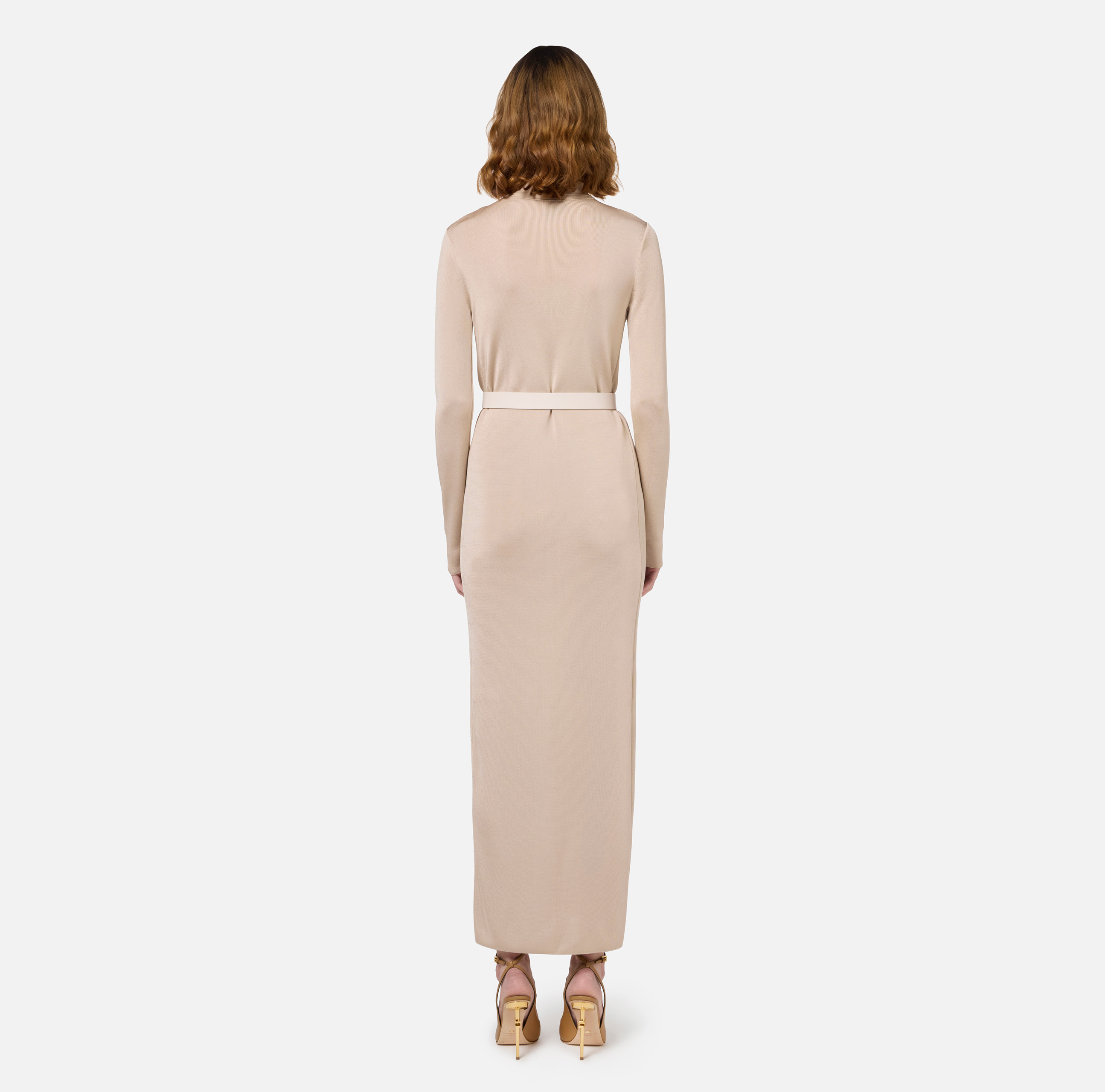 Long dress in shiny viscose fabric with logo embroidery and belt - Elisabetta Franchi