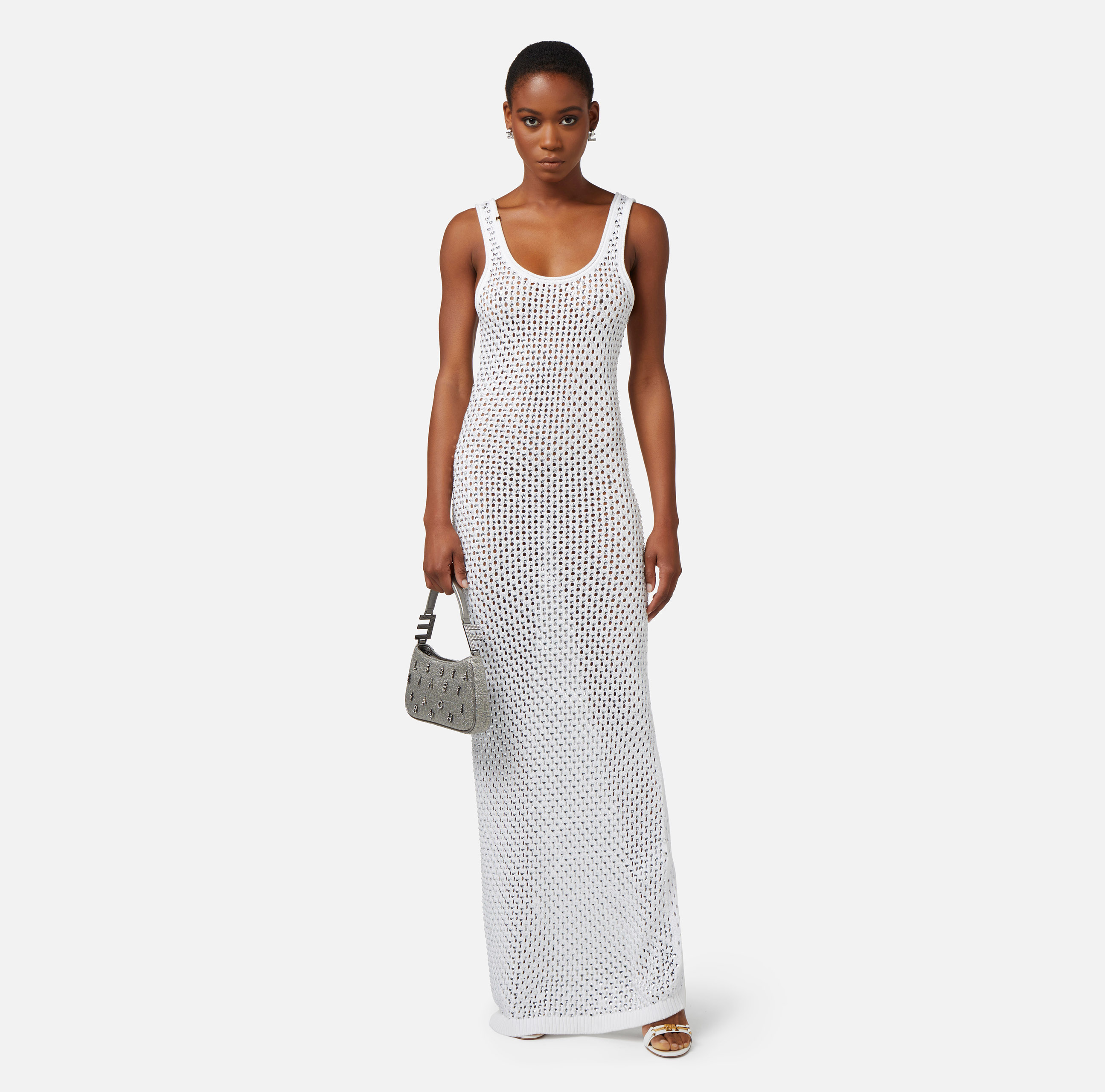 Langes Kleid aus Baumwolle mit Netzmuster und Strass - Elisabetta Franchi
