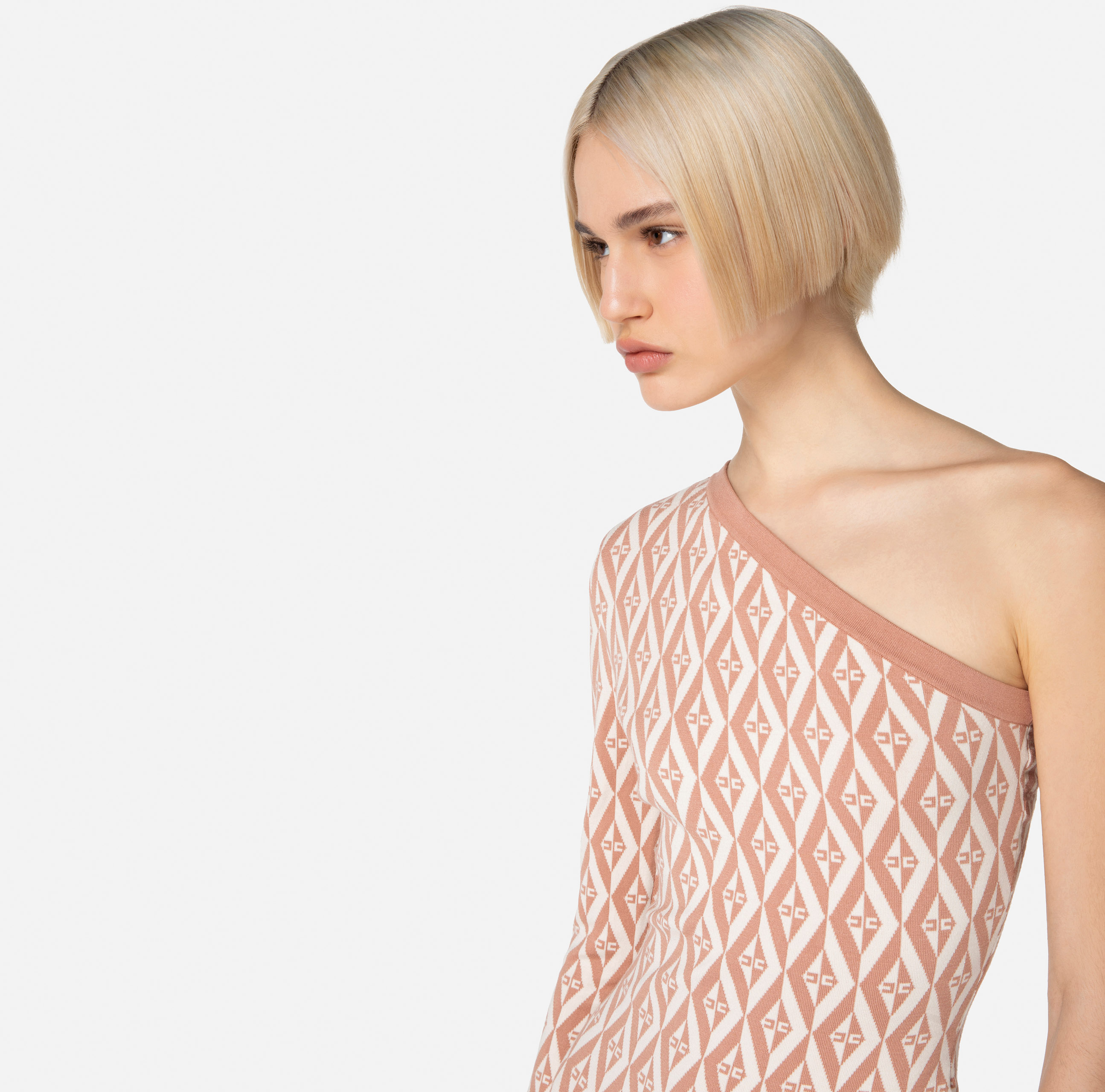 One-shoulder calf-length knit dress with diamond pattern - Elisabetta Franchi