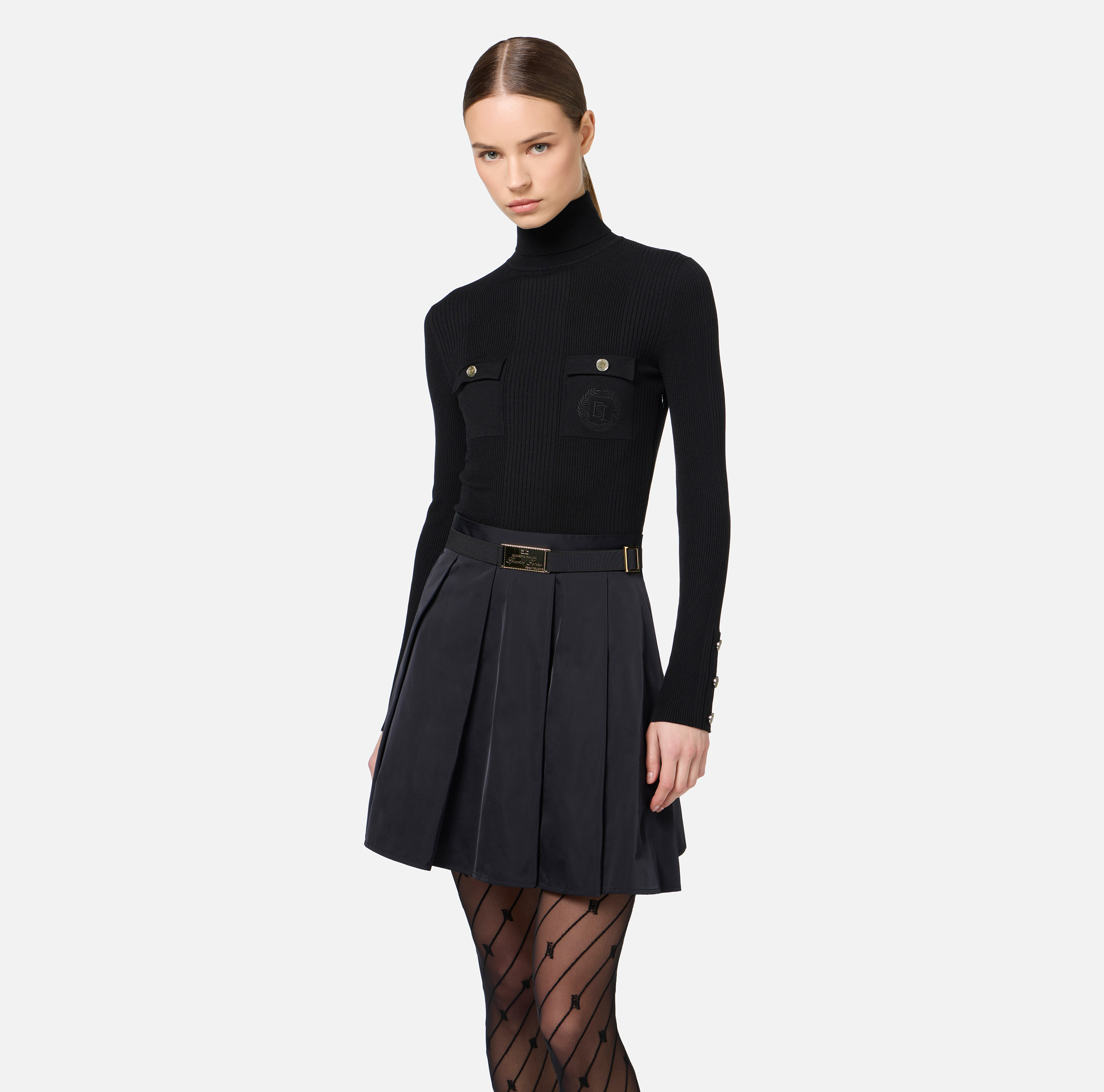 Mini-dress in narrow-ribbed viscose and silk fabric with logo embroidery - Elisabetta Franchi