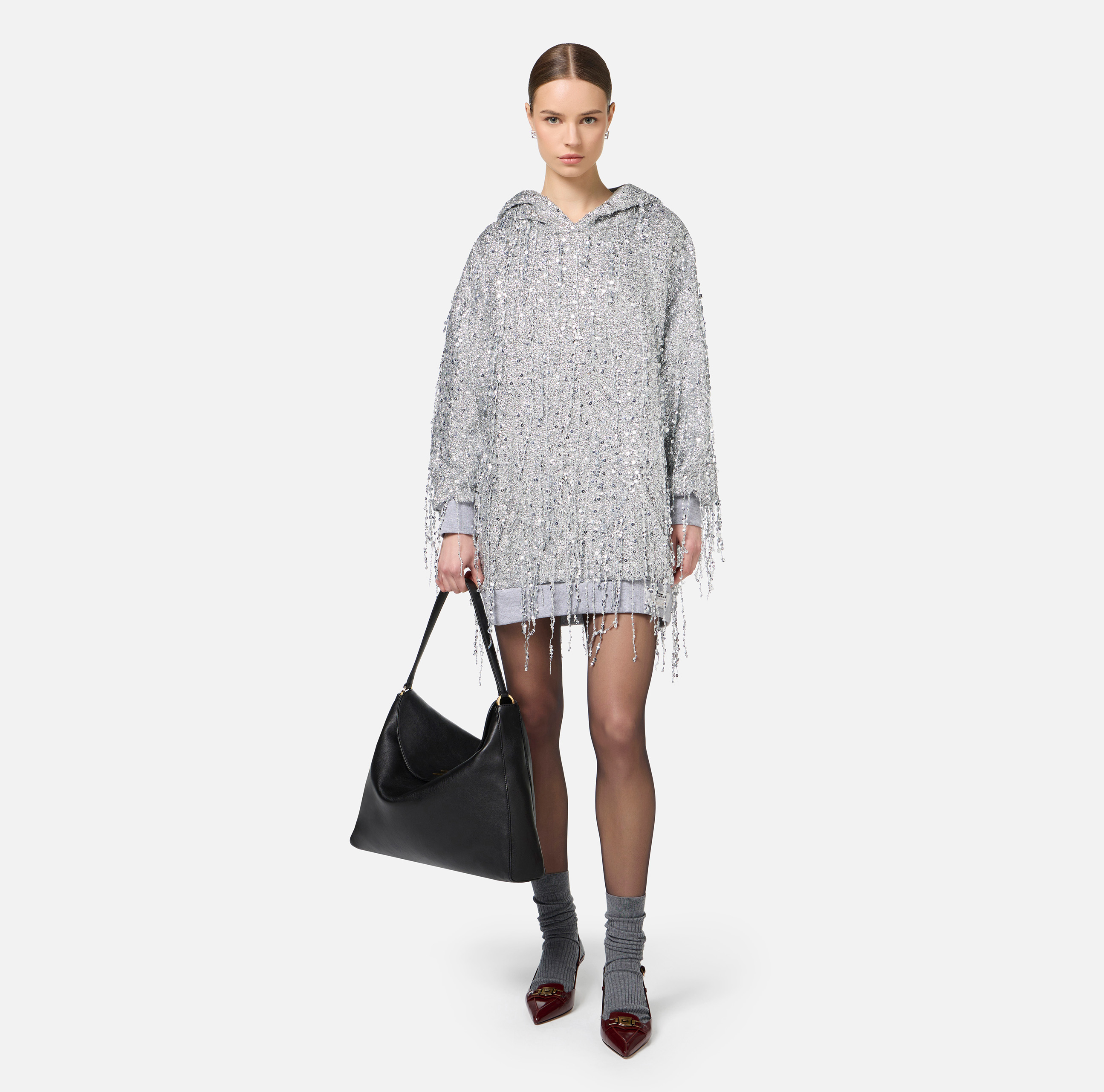 Fleece mini-dress with hood and sequin fringes - Elisabetta Franchi