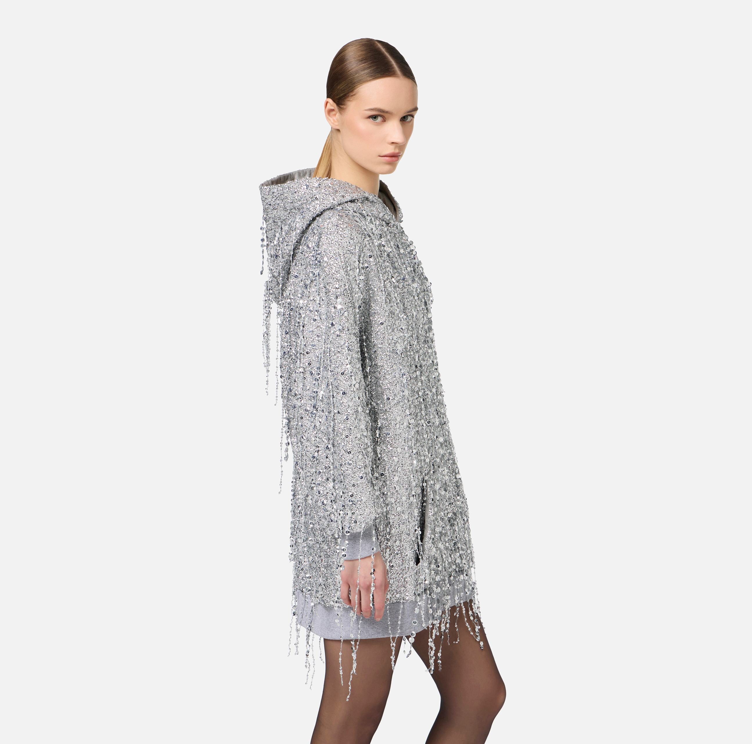 Fleece mini-dress with hood and sequin fringes - Elisabetta Franchi