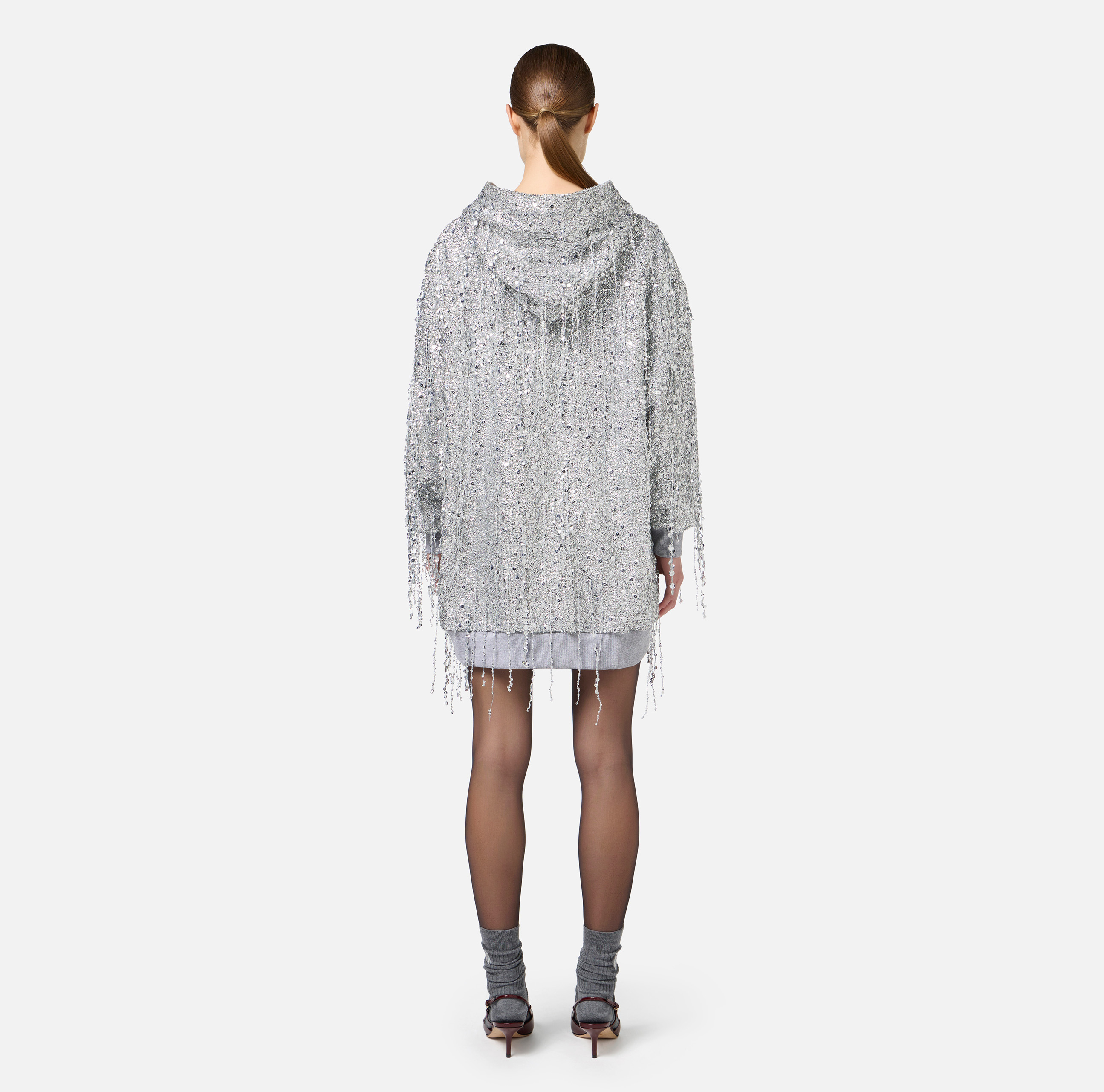 Fleece mini-dress with hood and sequin fringes - Elisabetta Franchi