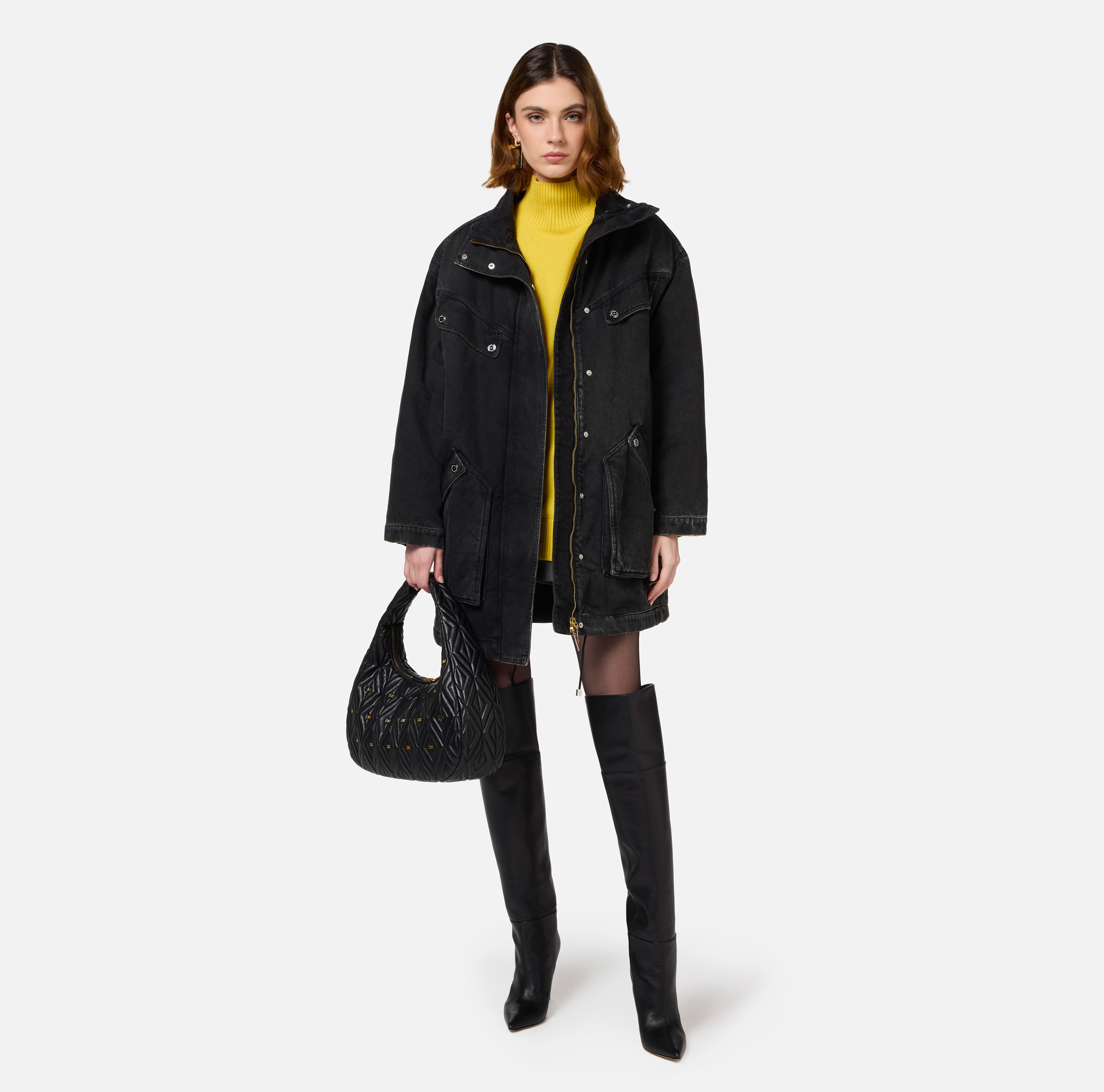 Oversized denim parka with faux sheepskin - Elisabetta Franchi