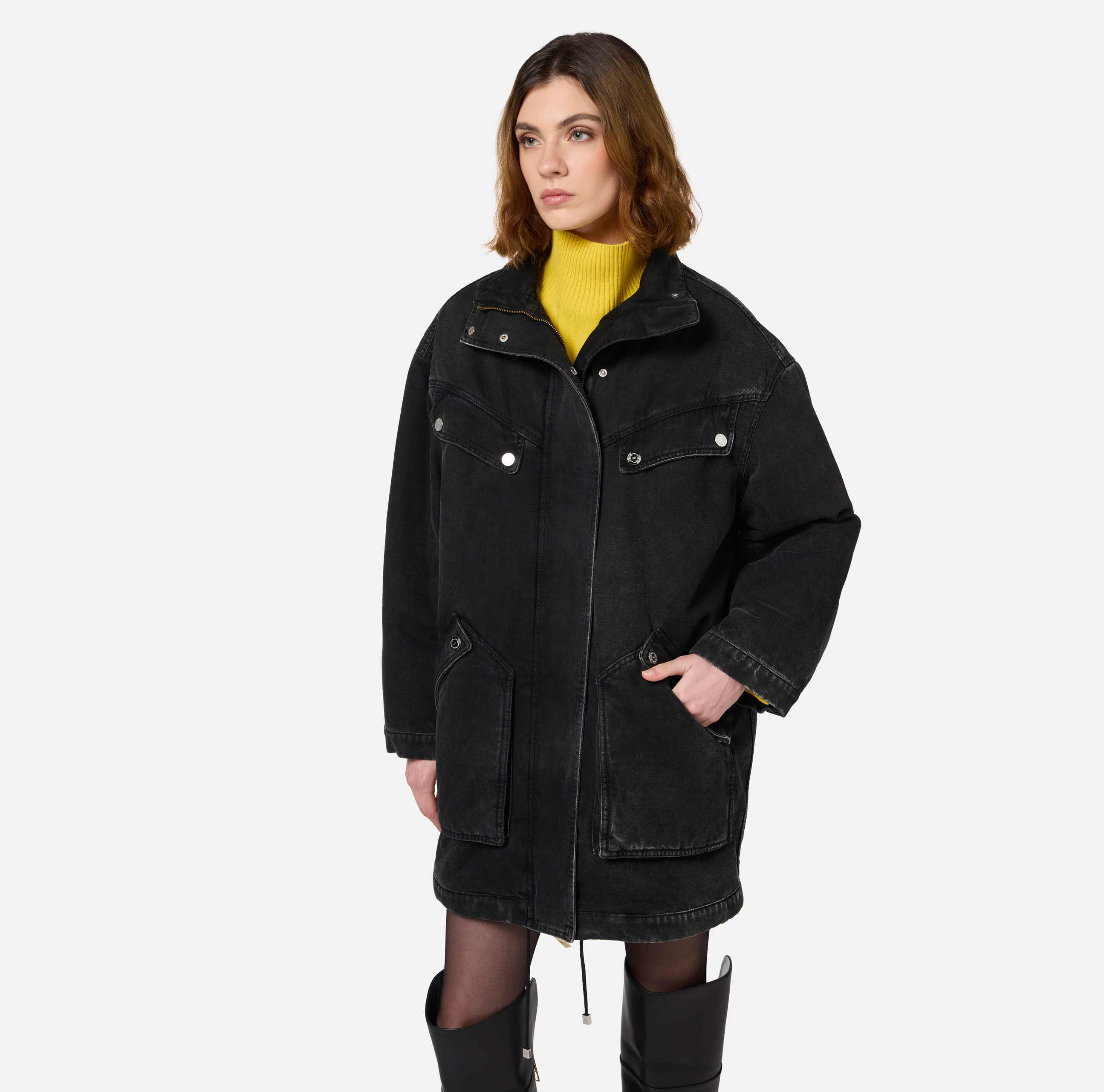 Parka oversize de denim con ecopiel de oveja - Elisabetta Franchi