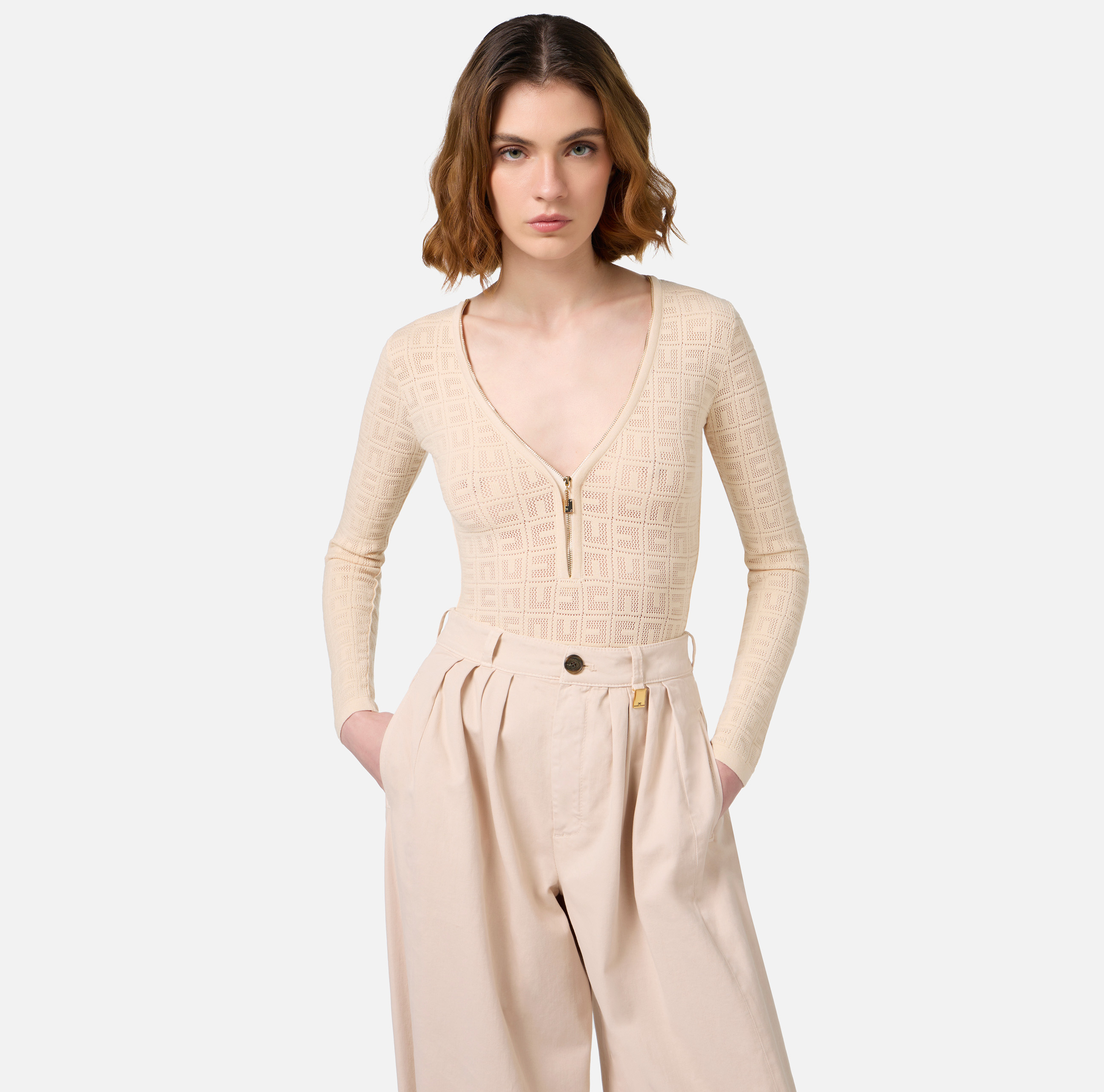 Mesh stitch bodysuit in viscose fabric with logo - Elisabetta Franchi