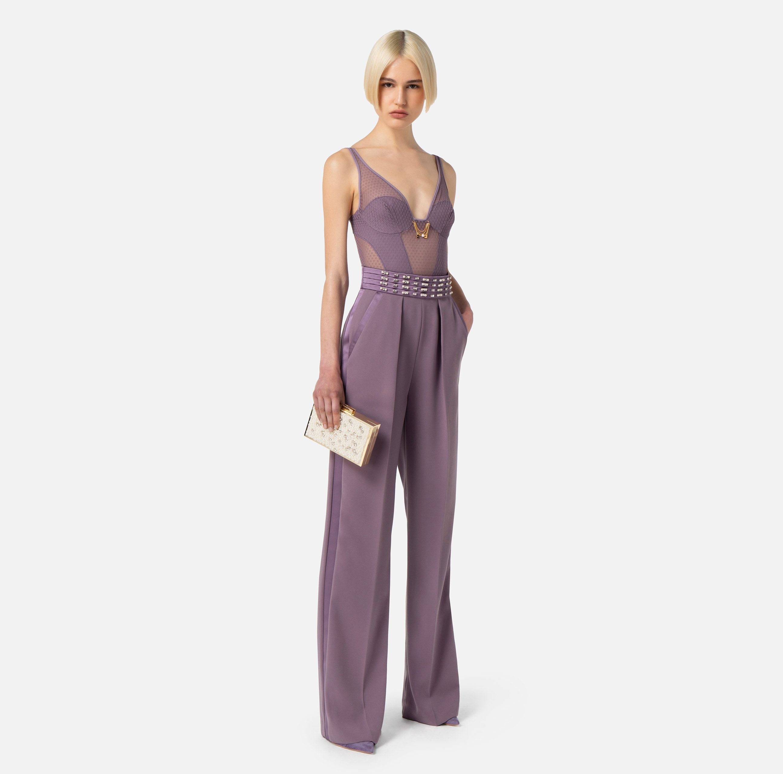 Bodysuit in tulle fabric with embroidery and narrow shoulder straps - Elisabetta Franchi