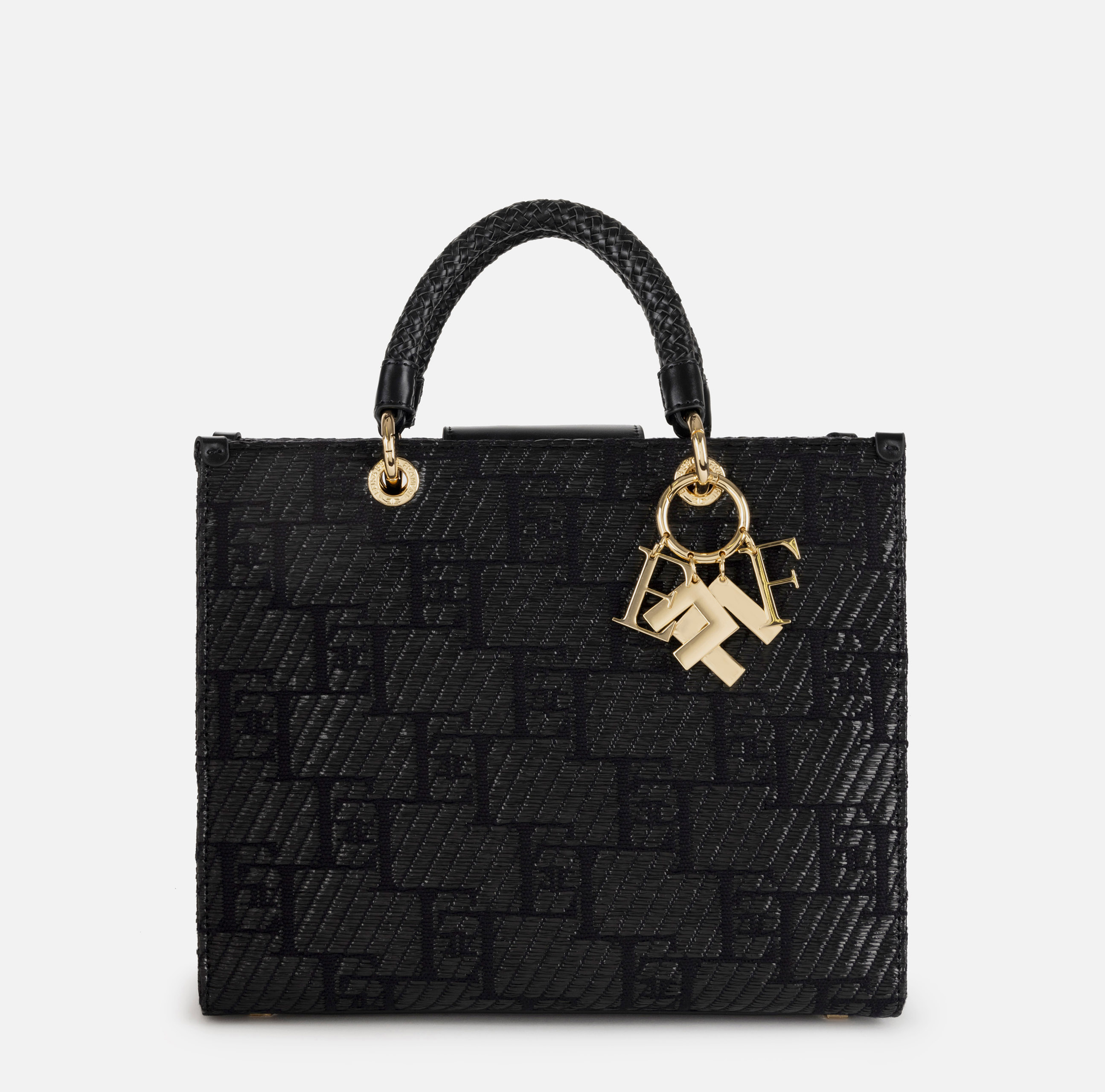 Medium shopper bag in jacquard raffia with charms - Elisabetta Franchi
