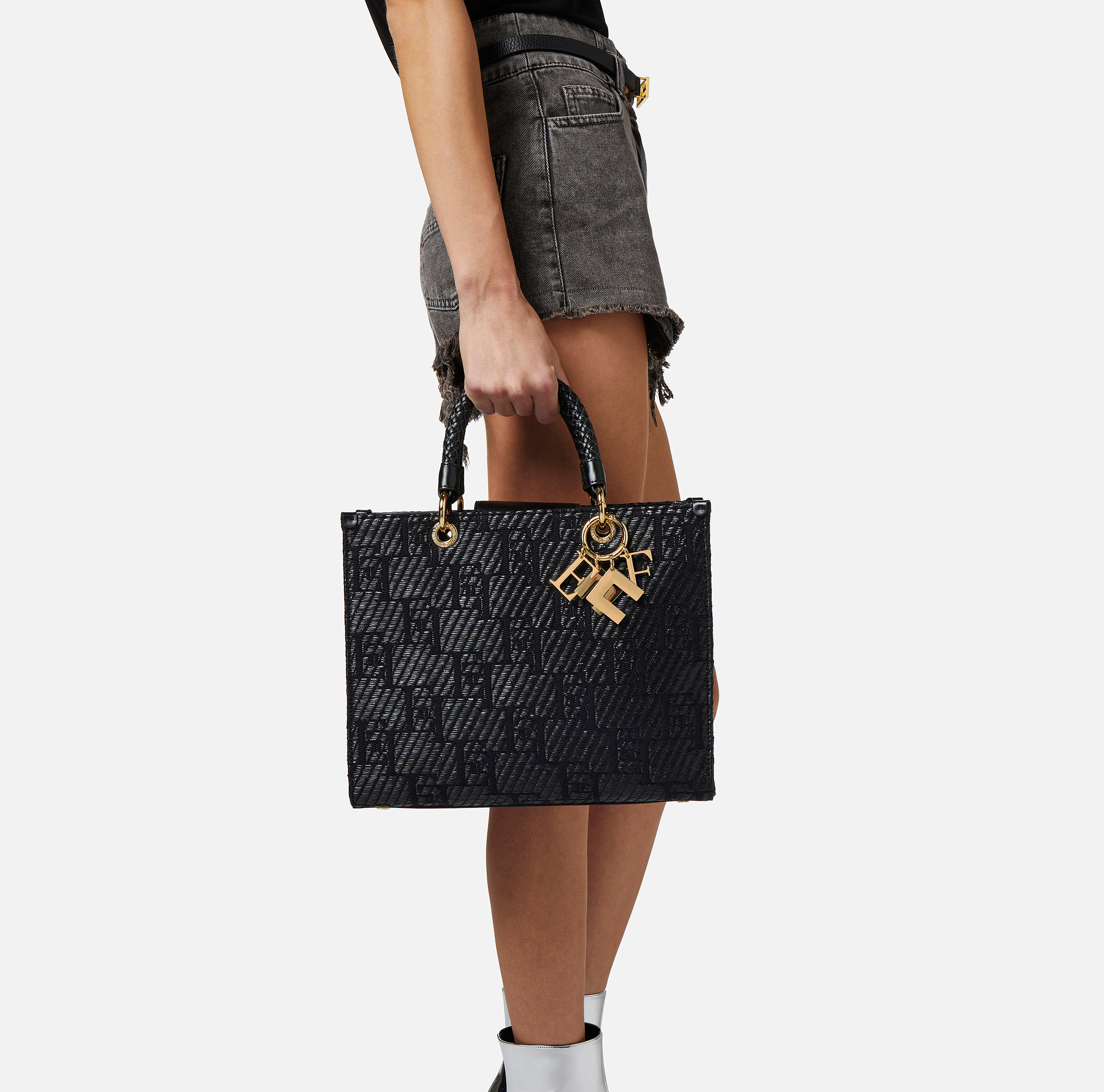 Medium shopper bag in jacquard raffia with charms - Elisabetta Franchi