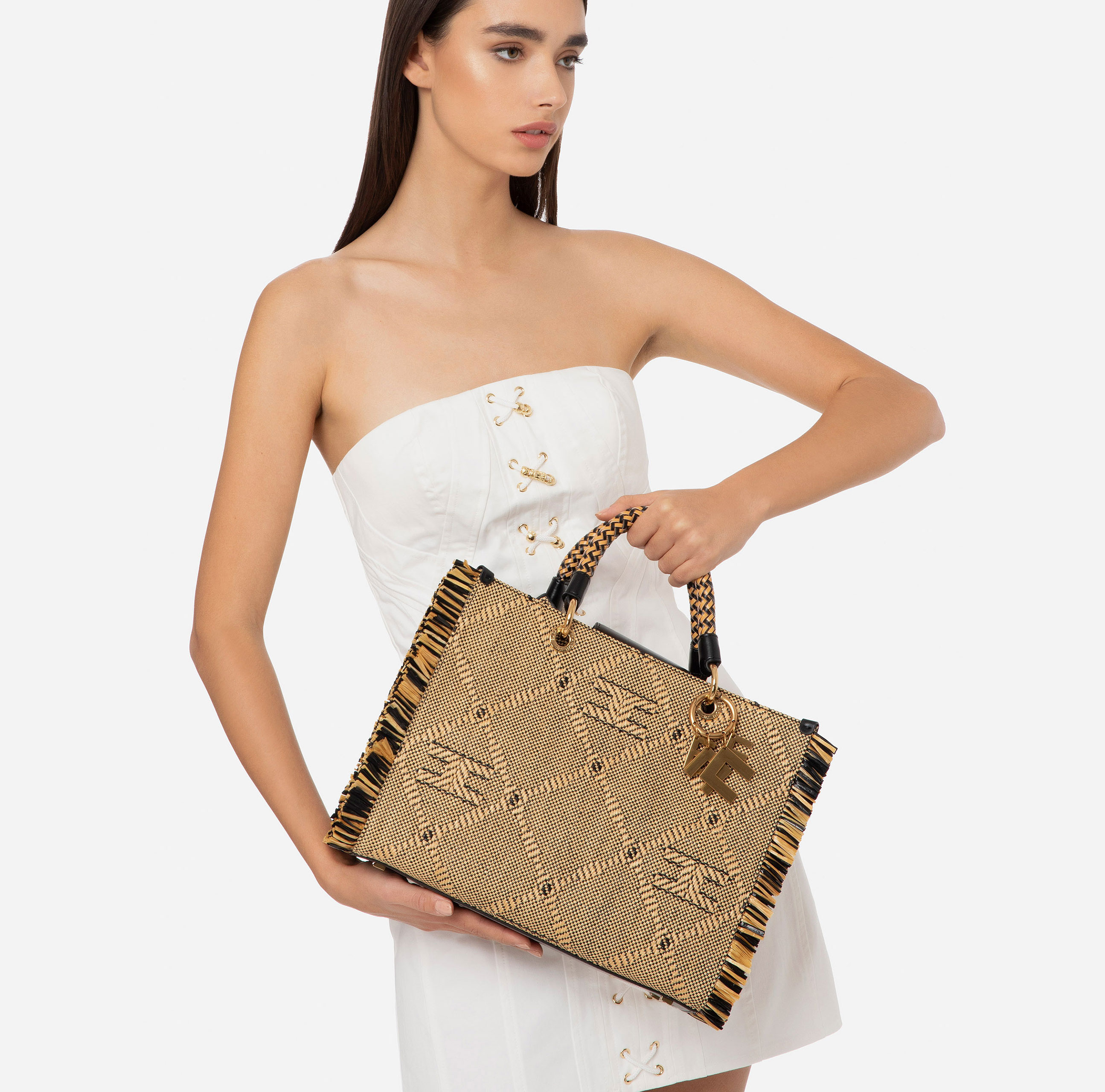 Medium tote bag in raffia with fringes - Elisabetta Franchi