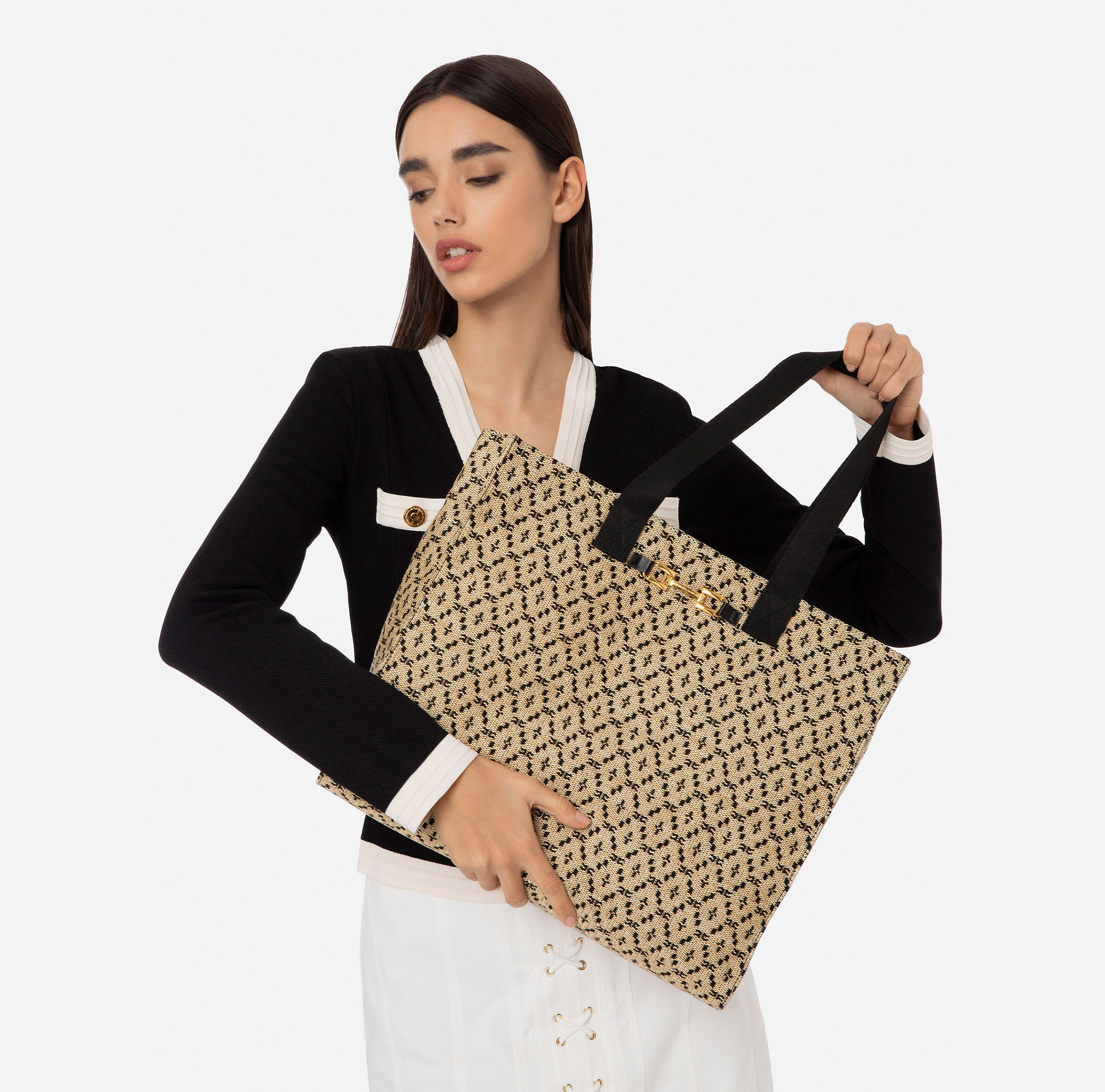 Large raffia shopper bag with jacquard fabric - Elisabetta Franchi