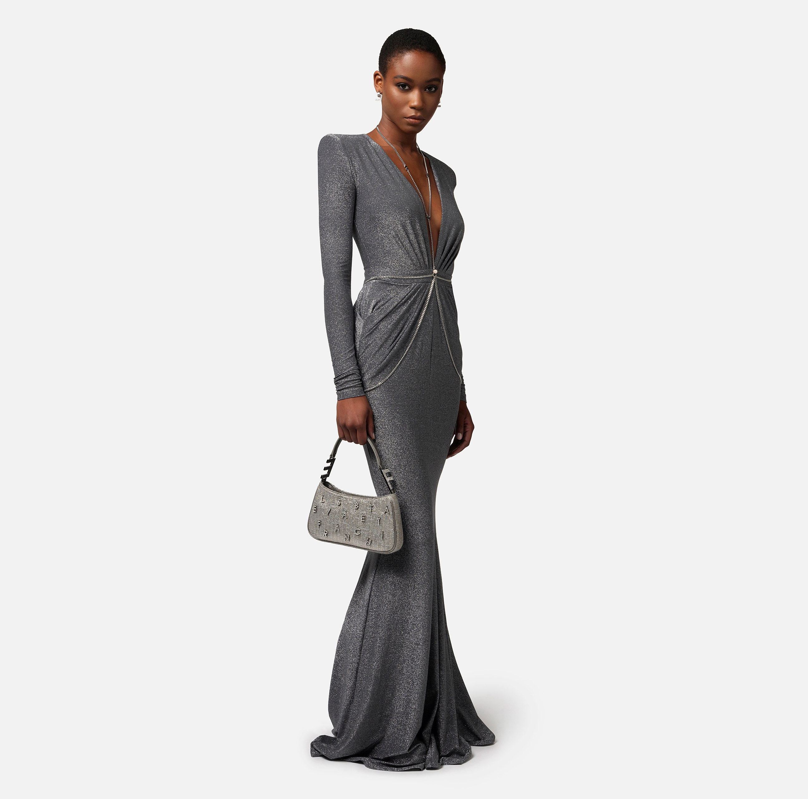 Lurex tweed over-the-shoulder bag with rhinestone lettering - Elisabetta Franchi