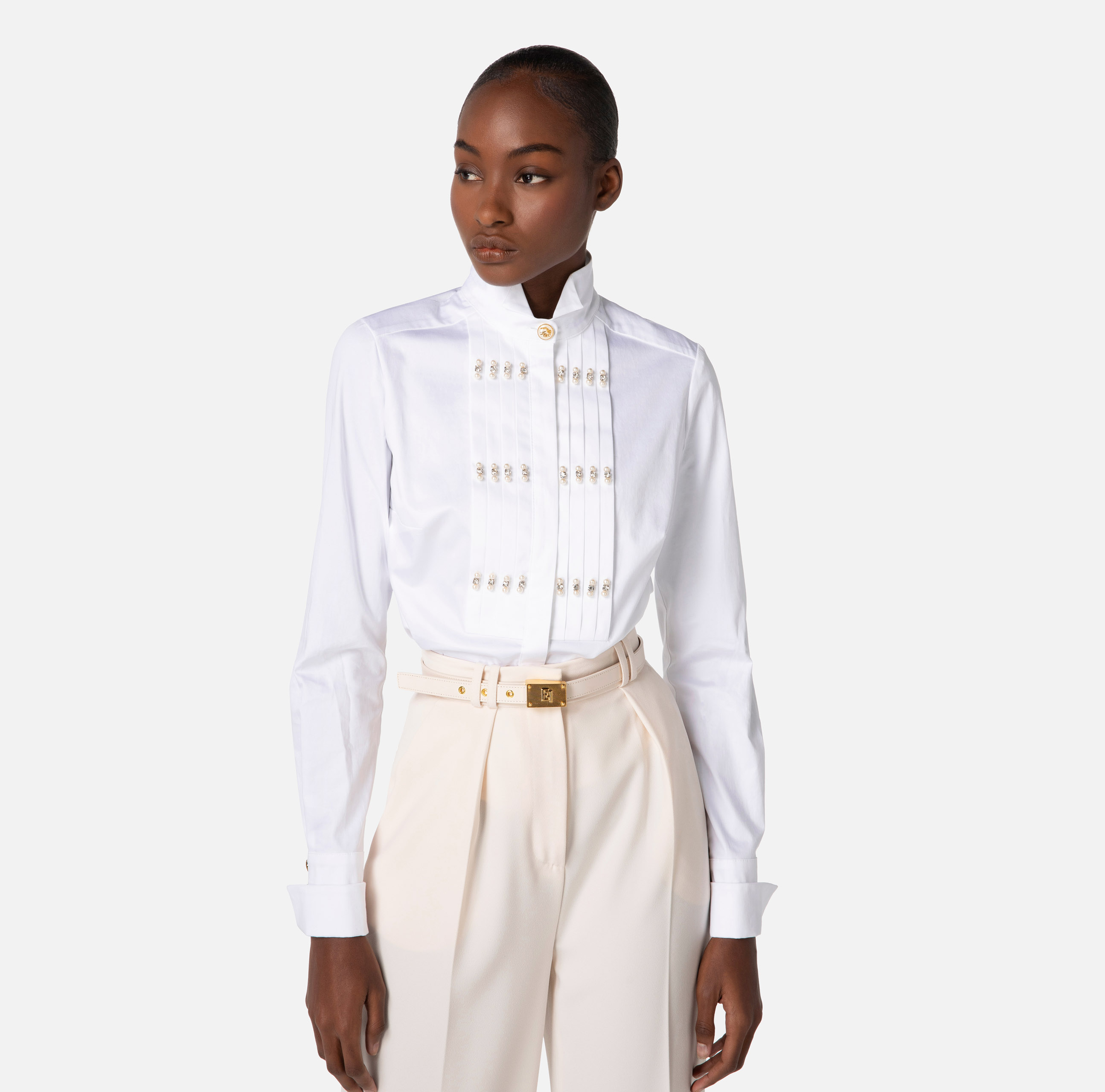 Poplin shirt with pearls and rhinestones - Elisabetta Franchi